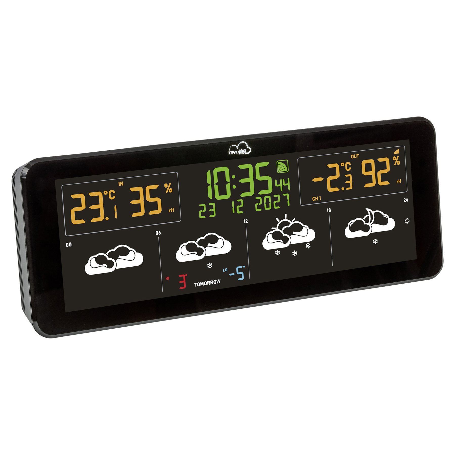 Digitales Wetterdisplay zeigt 23.1°C innen, -2.3°C außen, 35% Feuchte.