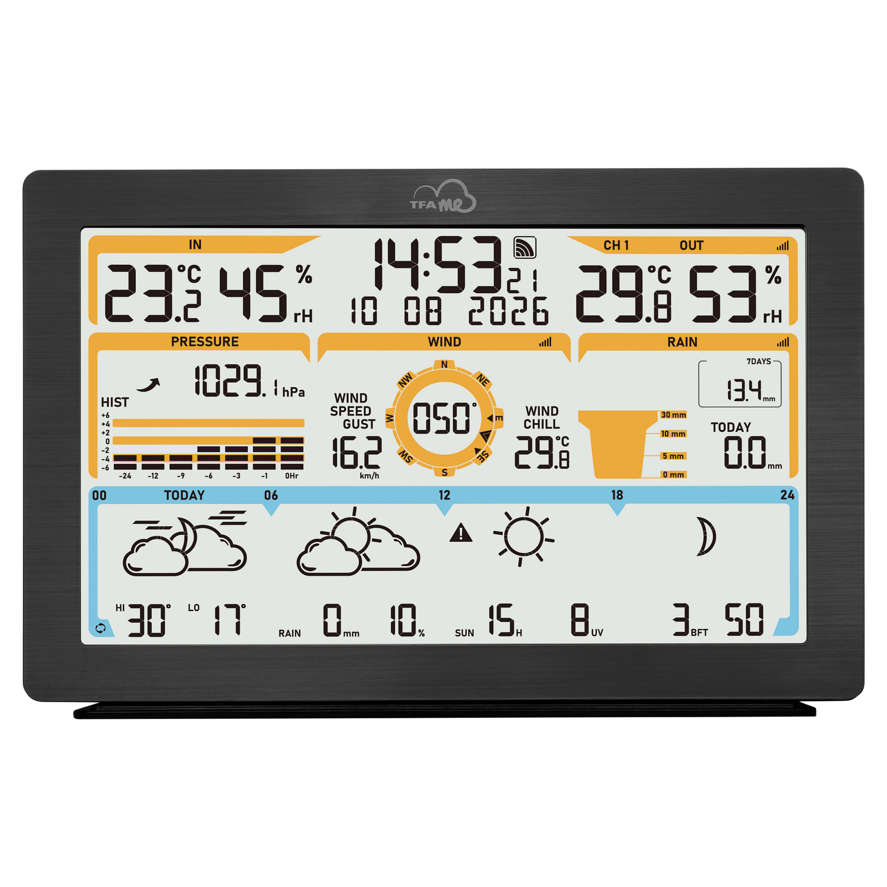 Digitales Wetterstation zeigt Innen-/Außentemperatur, Uhrzeit, Datum, Wind, Regen und UV-Index.