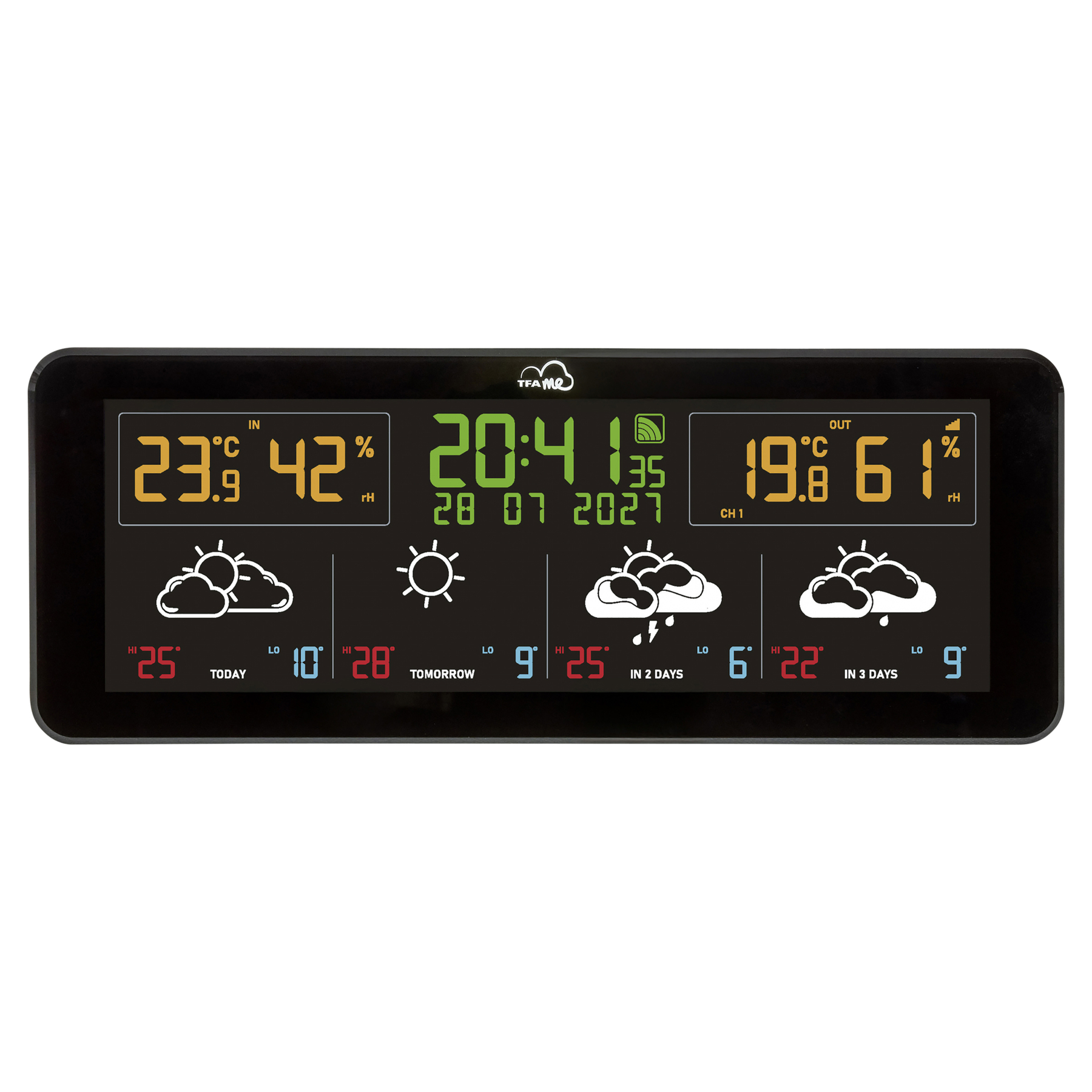 Digitales Wetterstation mit Innen-/Außentemperatur, Luftfeuchtigkeit und Datum.