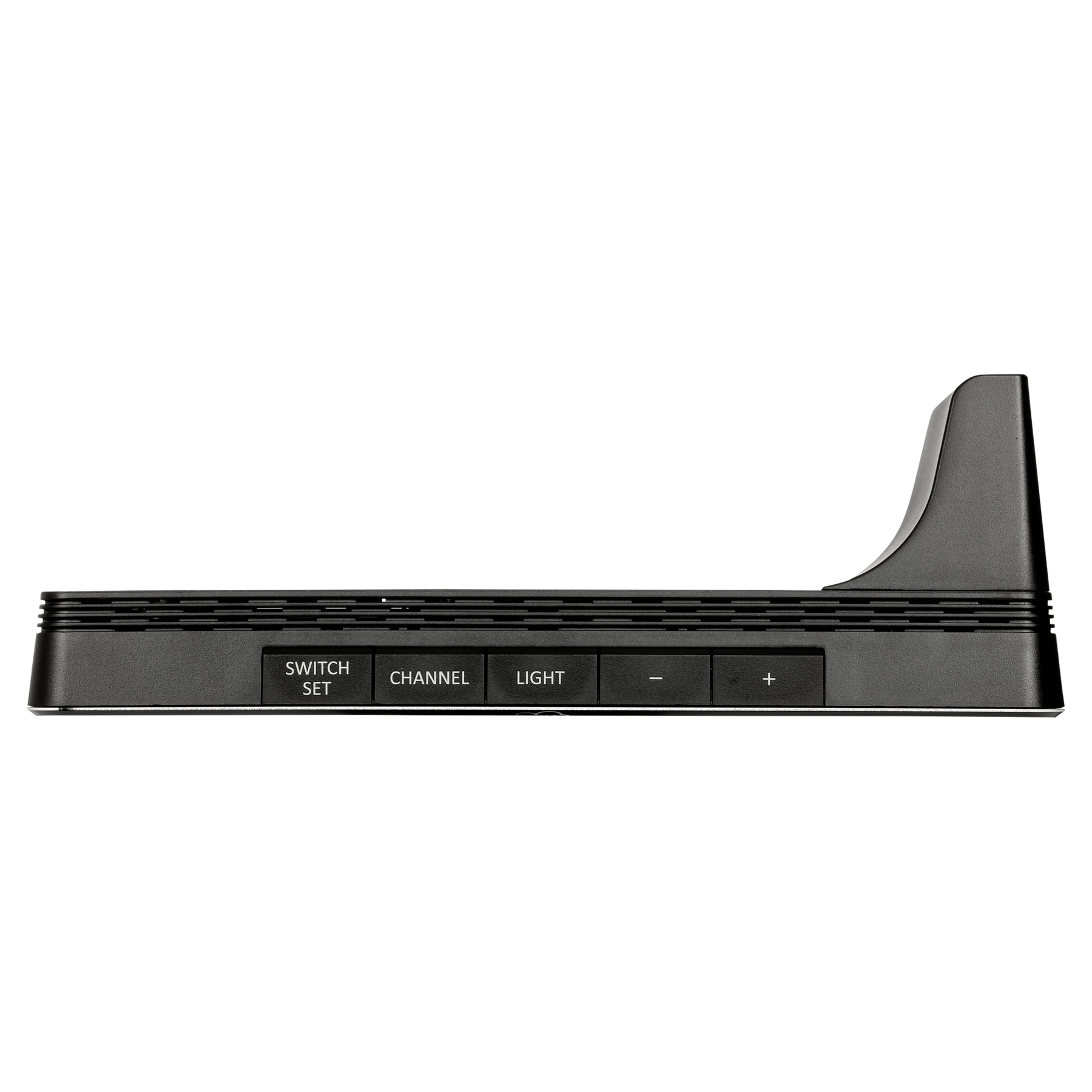 Ein schwarzes Gerät mit den Beschriftungen SWITCH SET, CHANNEL, LIGHT, - und +