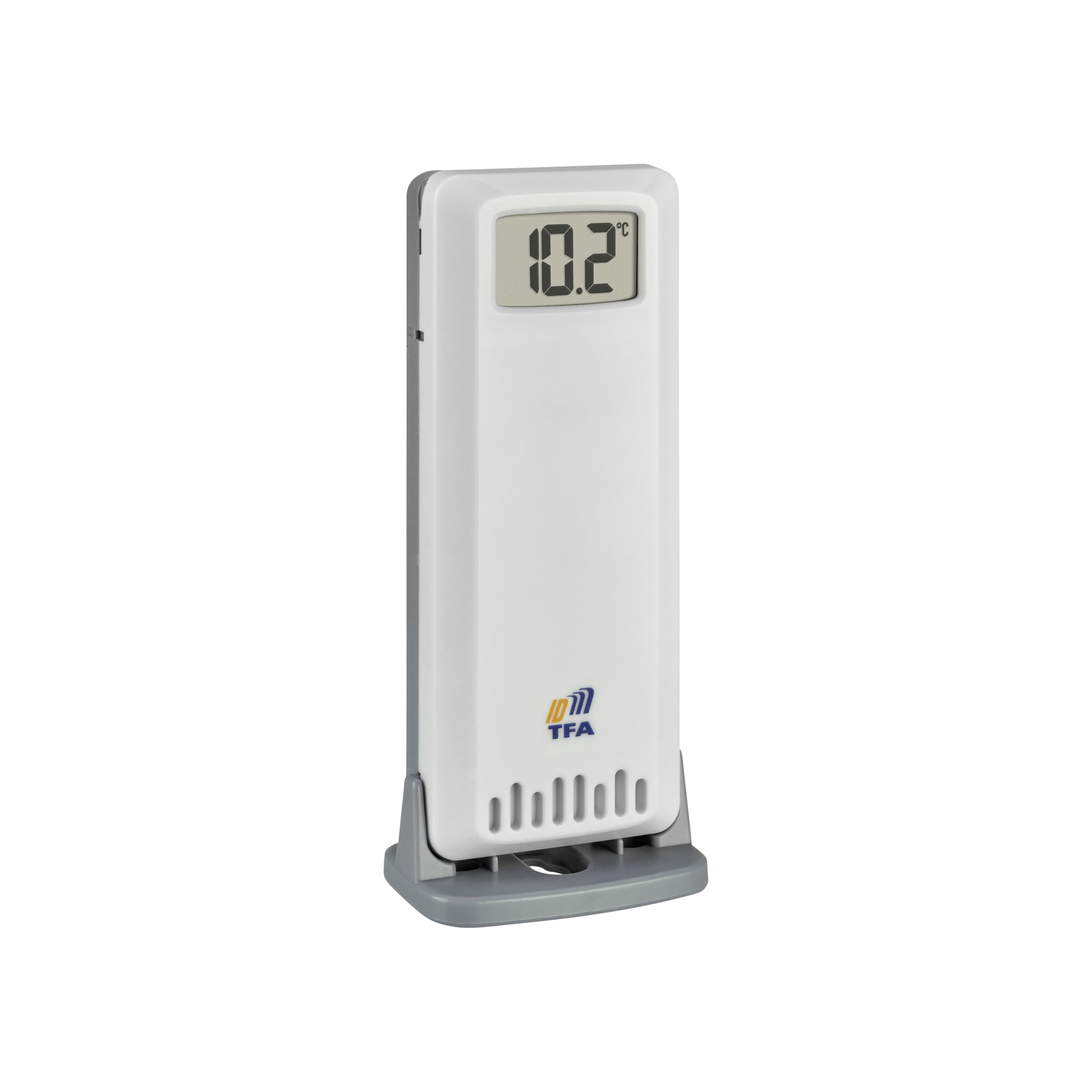 Ein weißer digitaler Thermometer mit grauer Basis zeigt 10,2 Grad Celsius an.