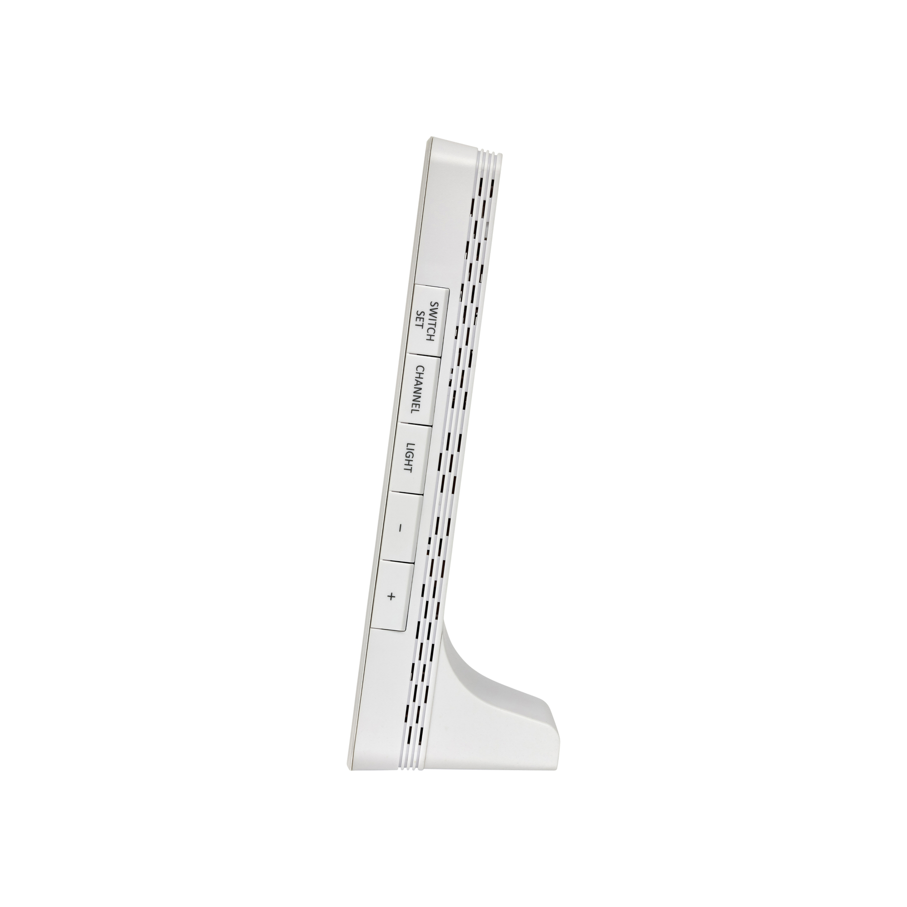 Un appareil électronique blanc et rectangulaire avec un support, affichant des boutons étiquetés 'SWITCH SET', 'CHANNEL', 'LIGHT', '-' et '+' sur le côté.