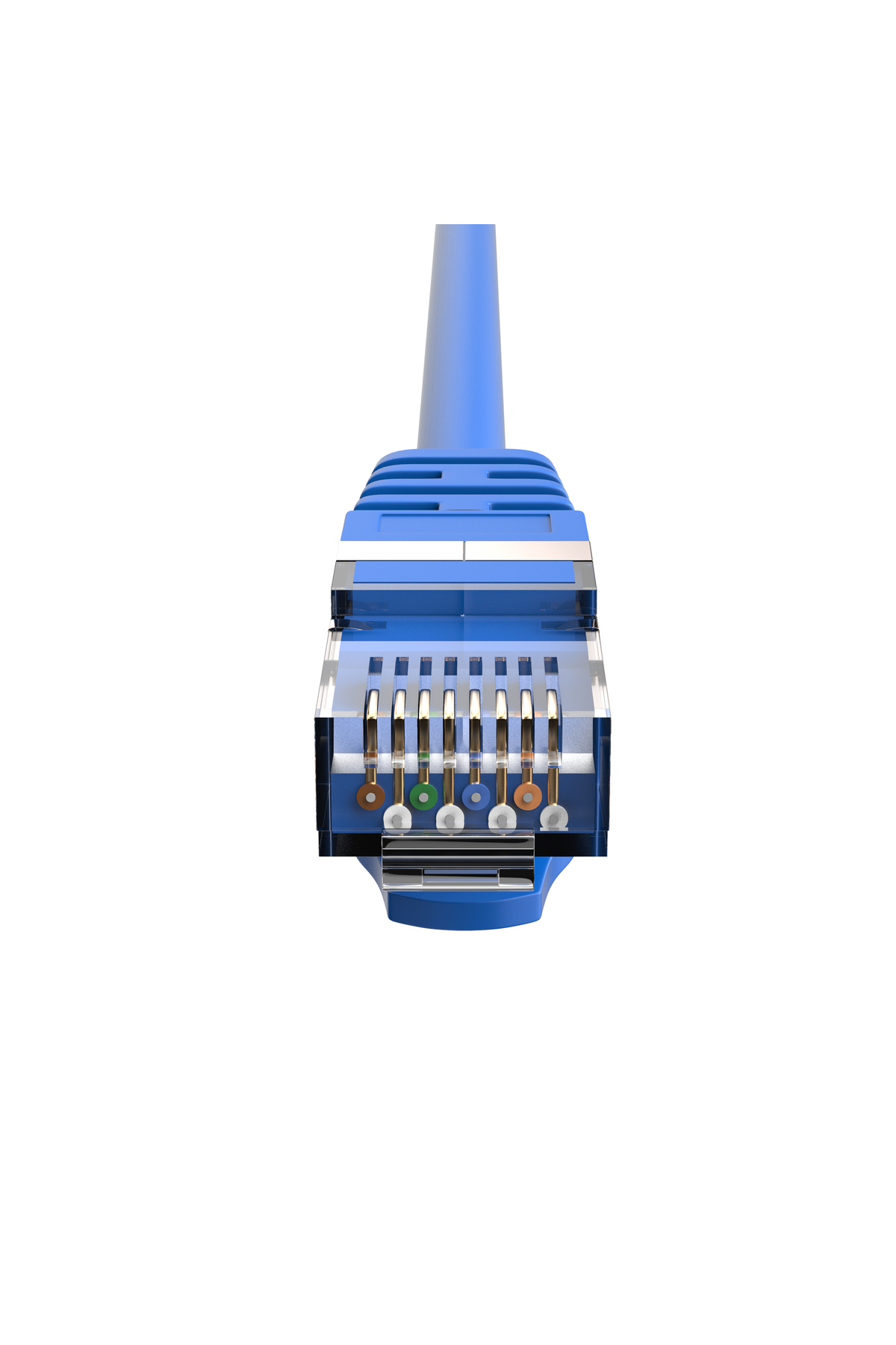 Açıkta kalan pinlere sahip mavi Ethernet konektörünün yakın çekimi.