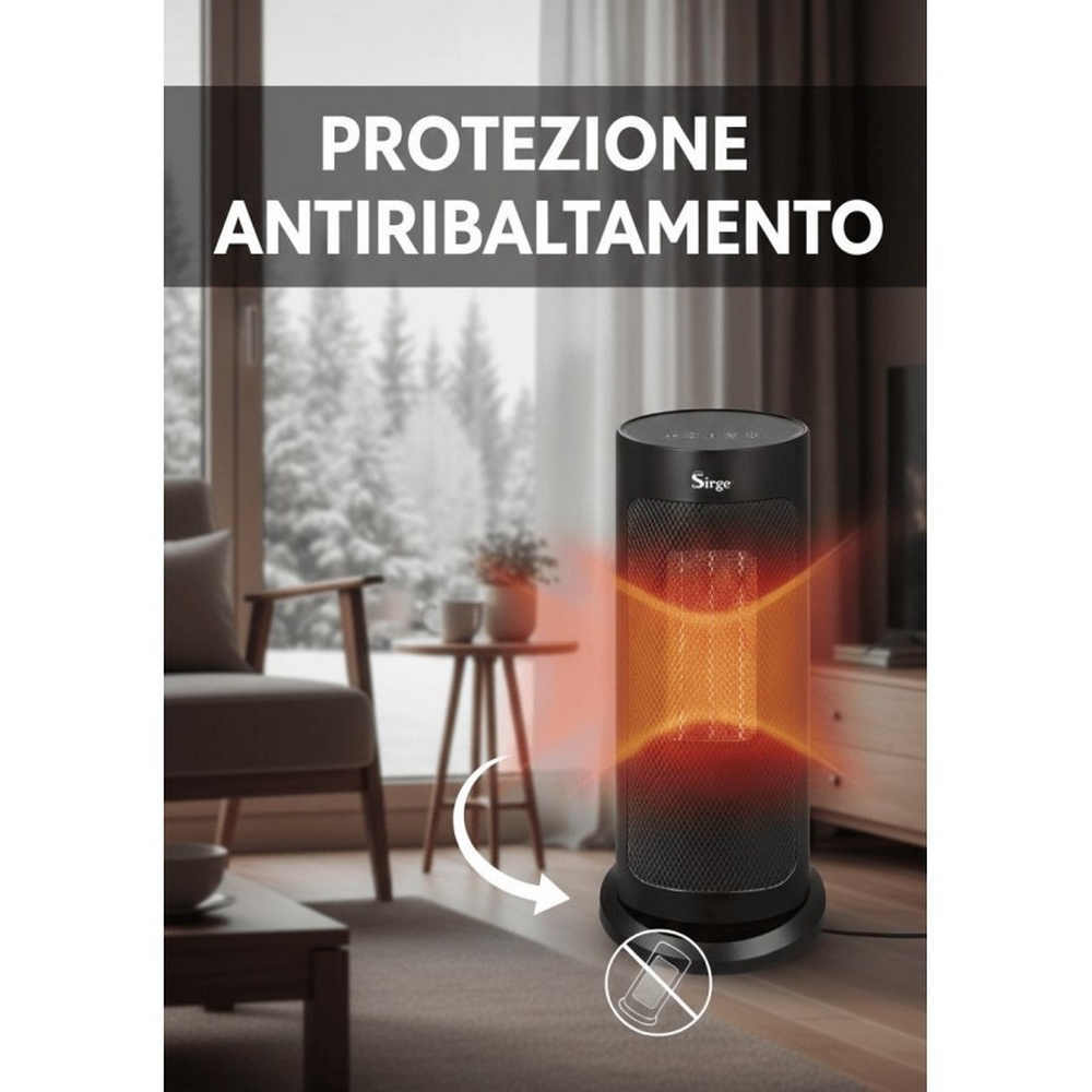 Riscaldatore nero con elementi luminosi, in un soggiorno.