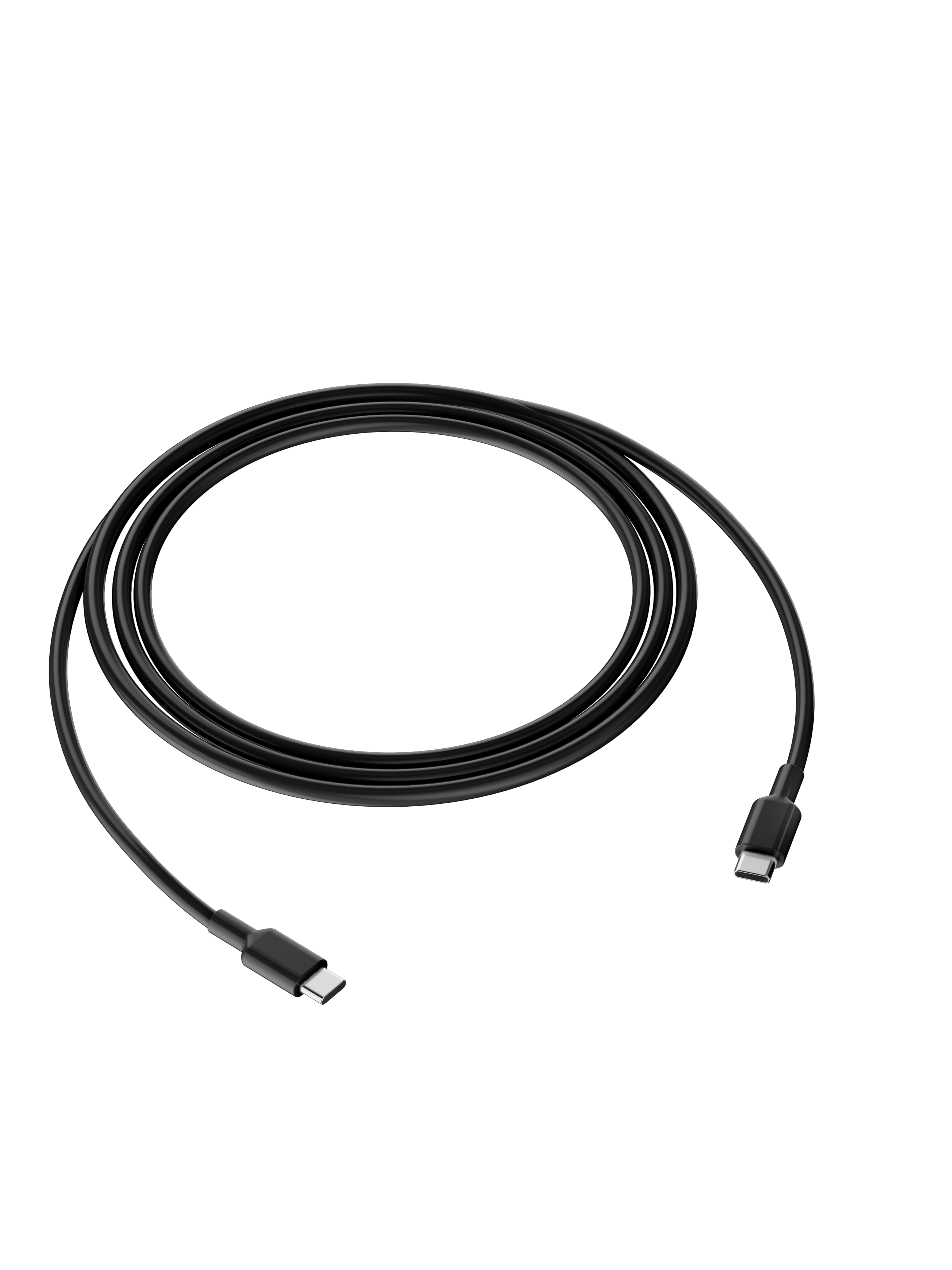 A black USB-C cable coiled on a black background.