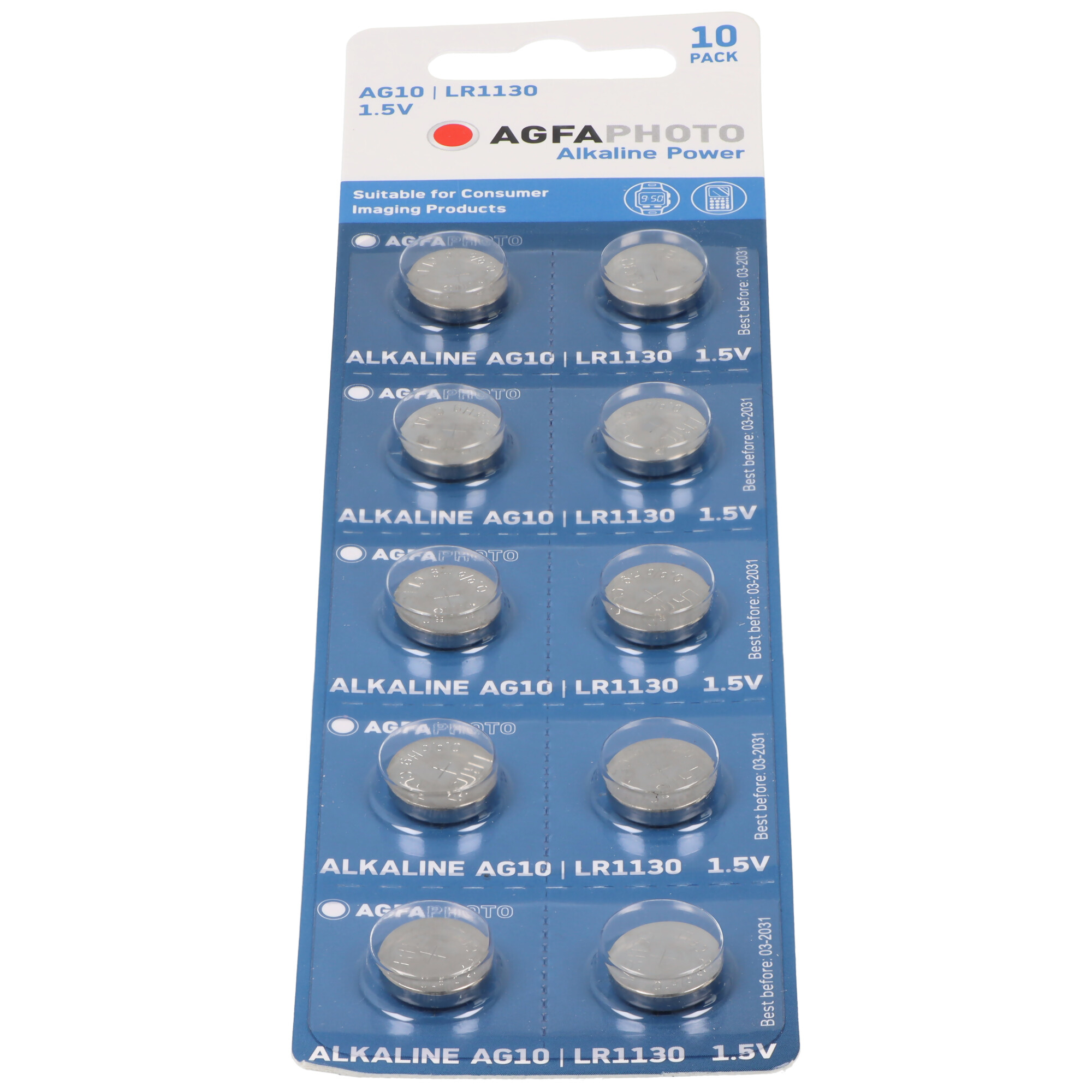 Opakowanie 10 baterii alkalicznych AGFA PHOTO AG10 LR1130 1,5V.