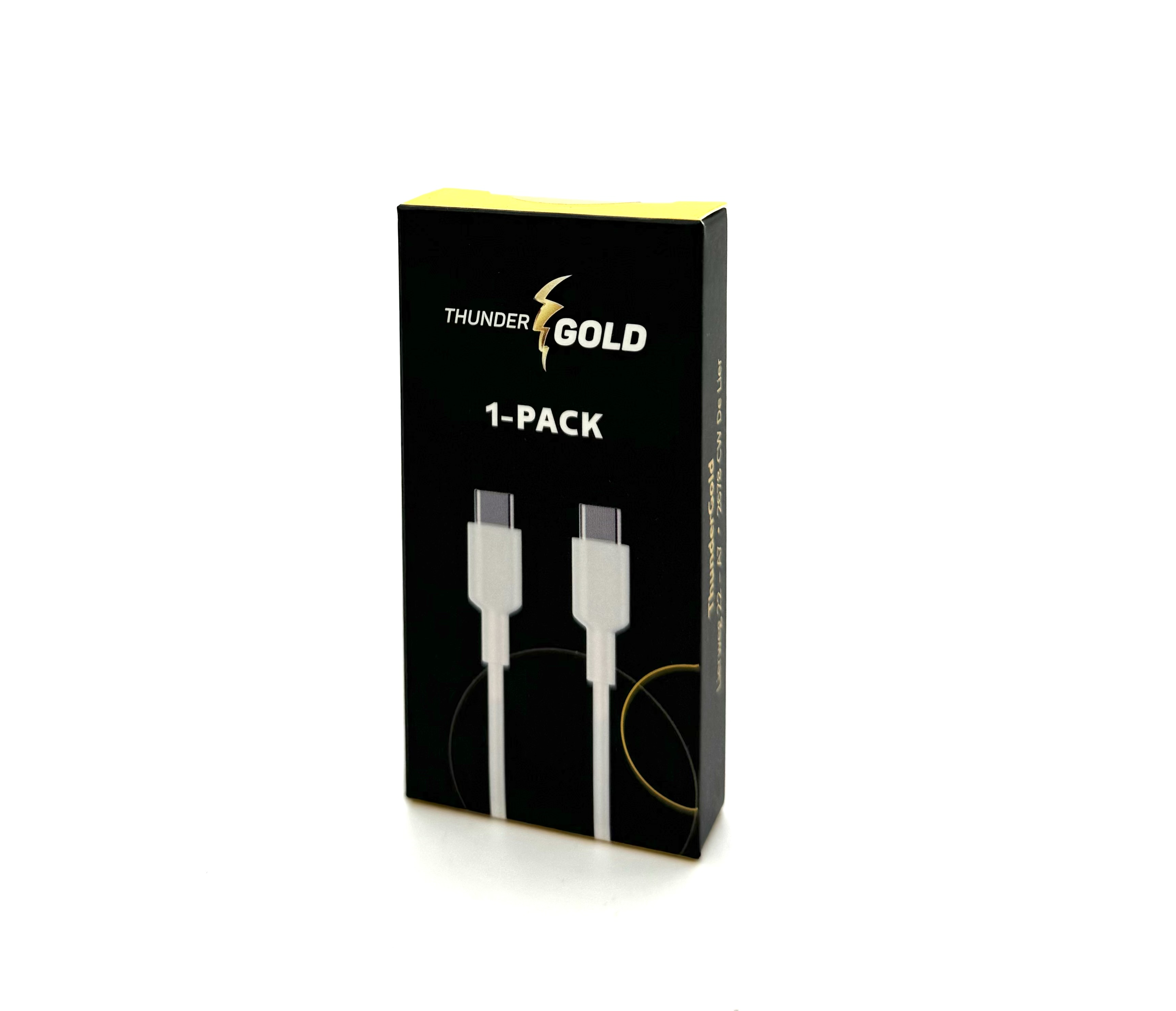 Black box with yellow top, showing two white USB-C cables.