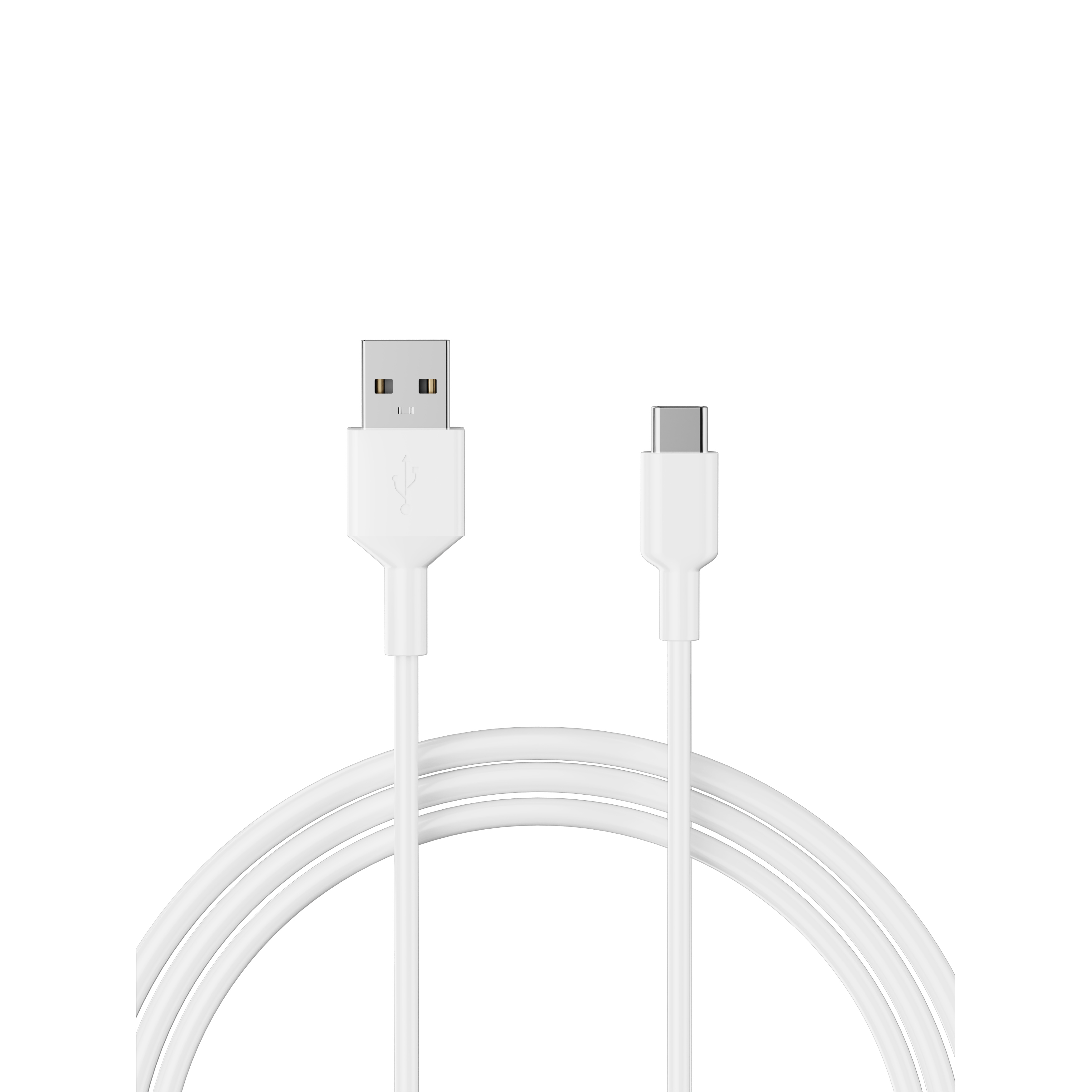 A white USB-A to USB-C charging cable with two connectors on a white background.