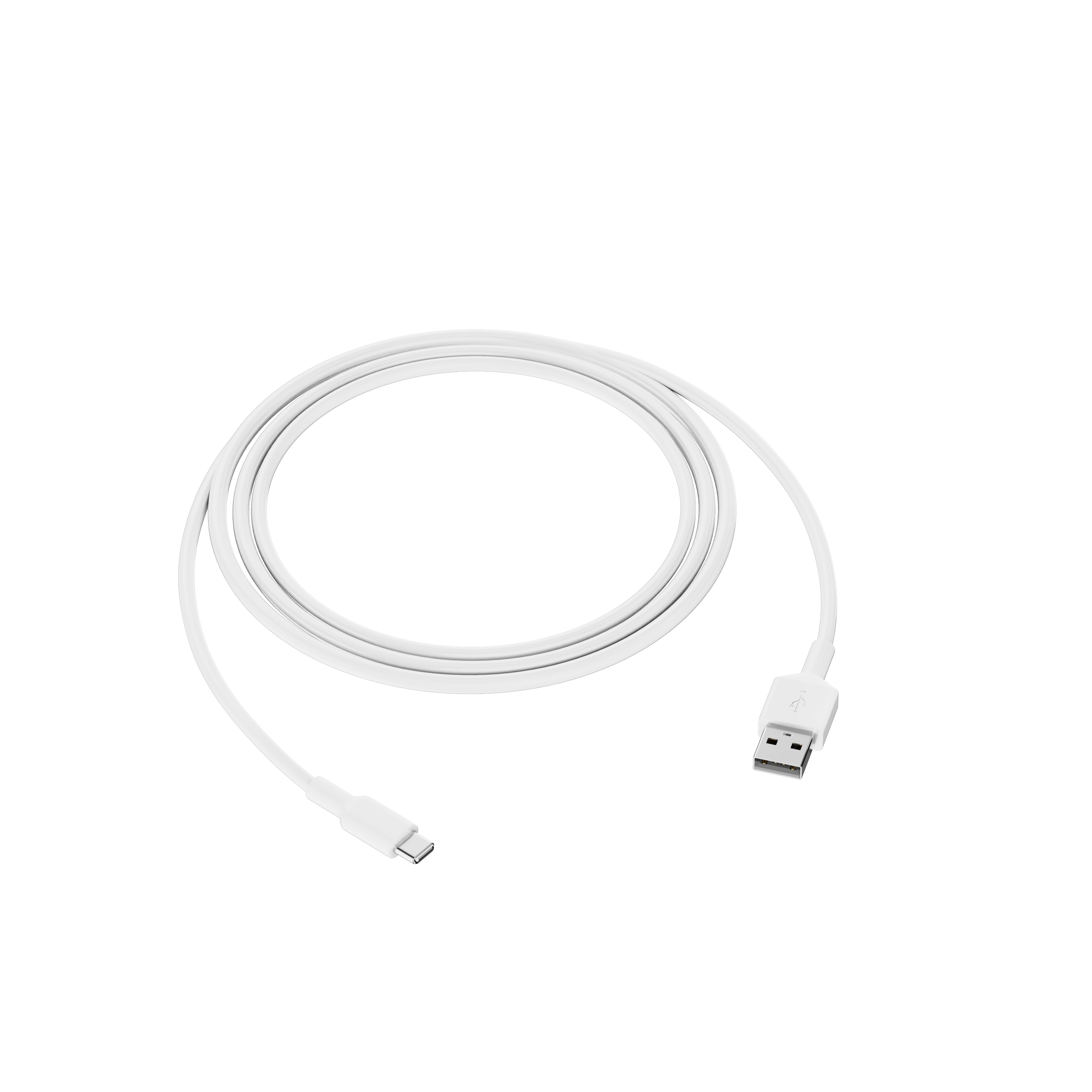 A white USB-C to USB-A cable, coiled, on a white background.