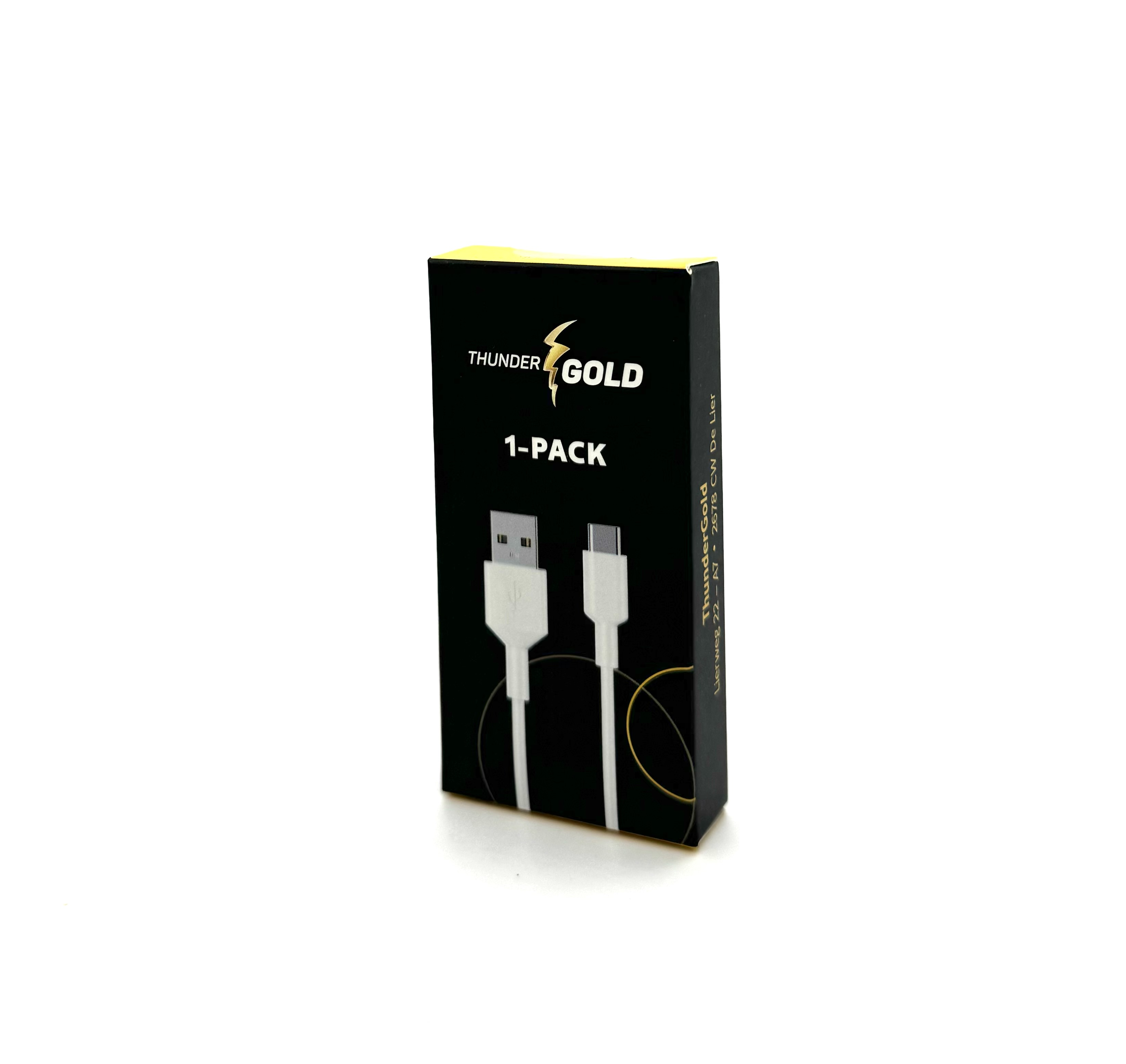 Black packaging with "Thunder Gold" and two white USB cables.