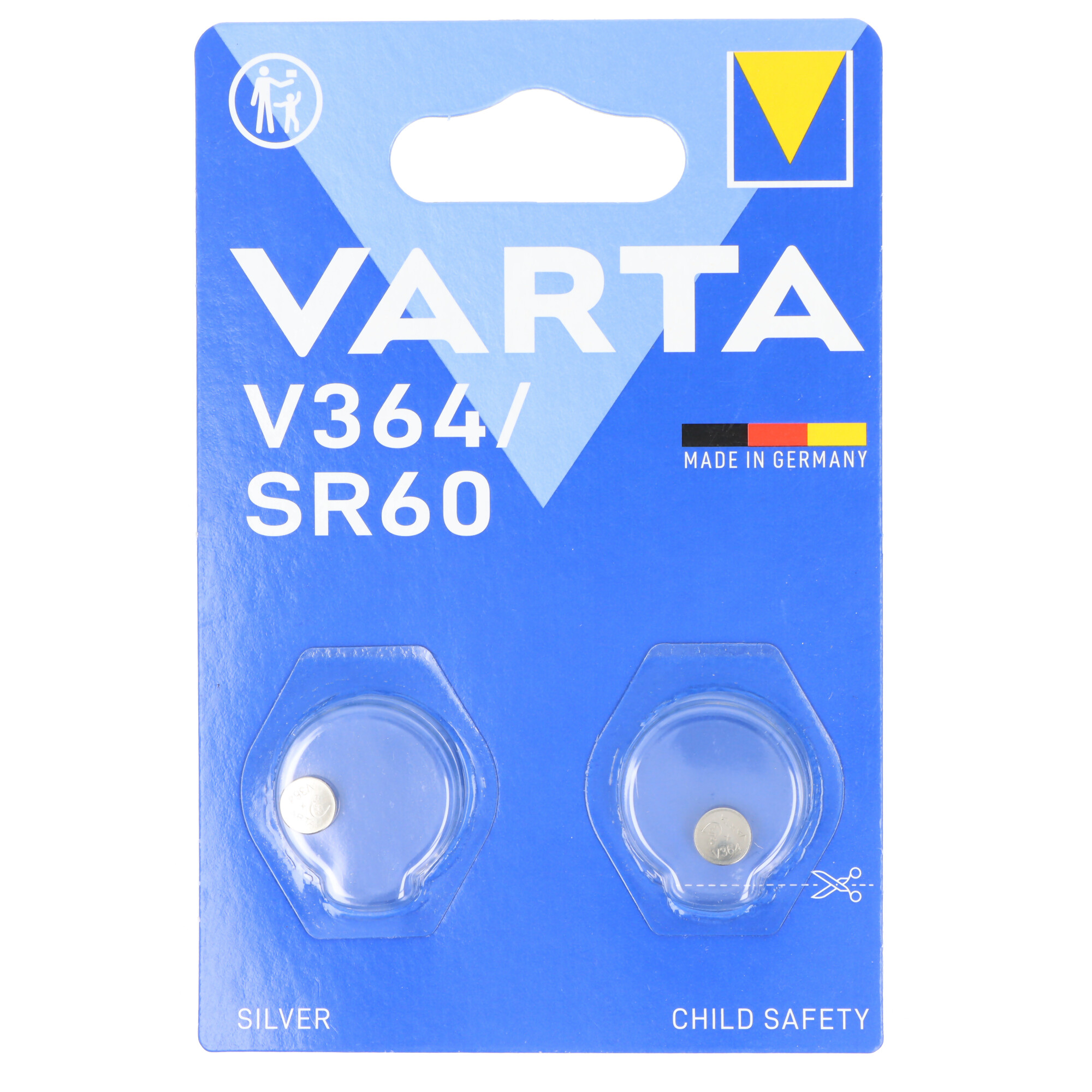 Varta V364/SR60 Knopfzellenbatterien in Blisterpackung mit Kindersicherung.