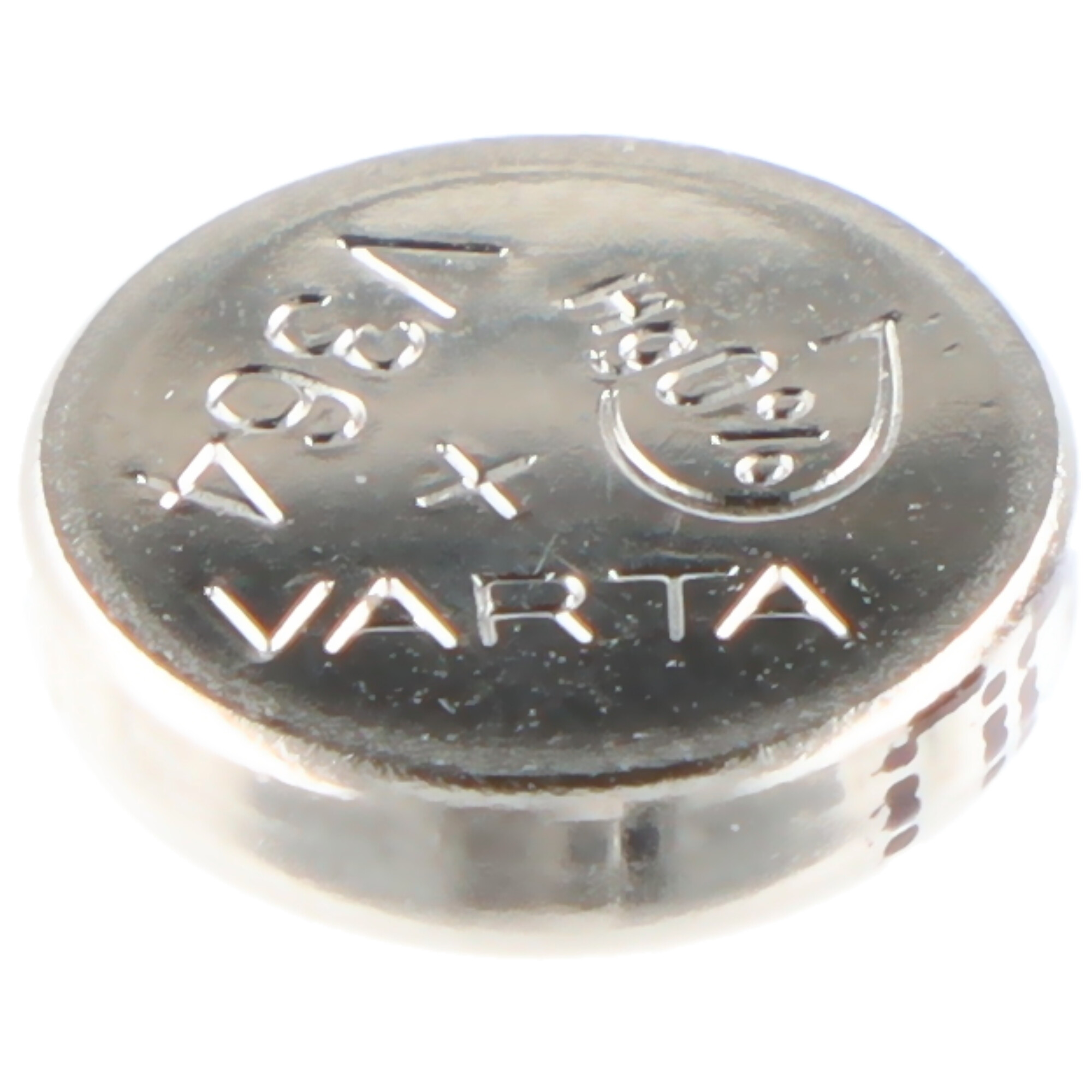 Eine silberne Varta Knopfzelle mit der Aufschrift "436" und einem Wassertropfensymbol.