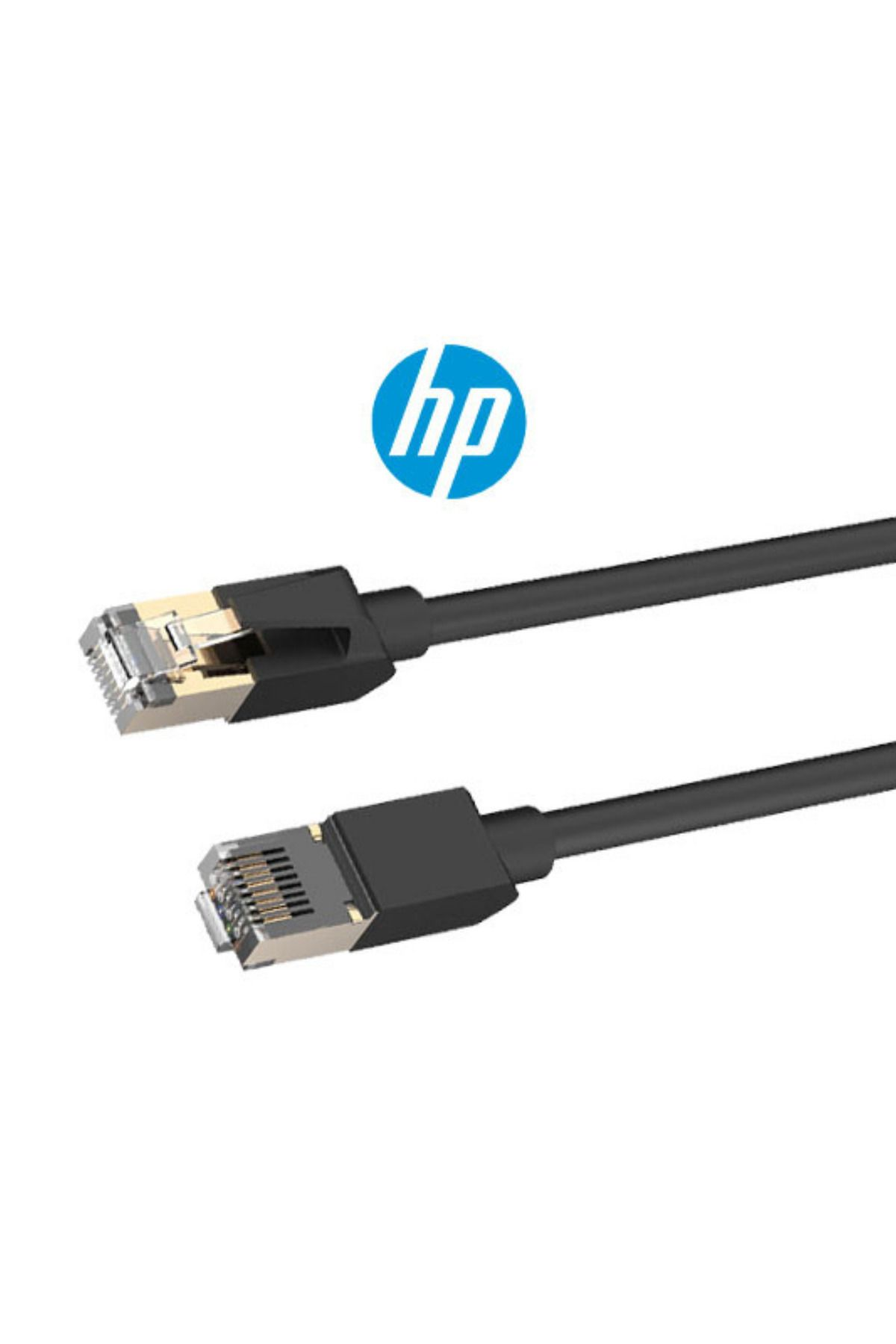 Altın kaplama konektörlü iki siyah ağ kablosunun üzerinde HP logosu.