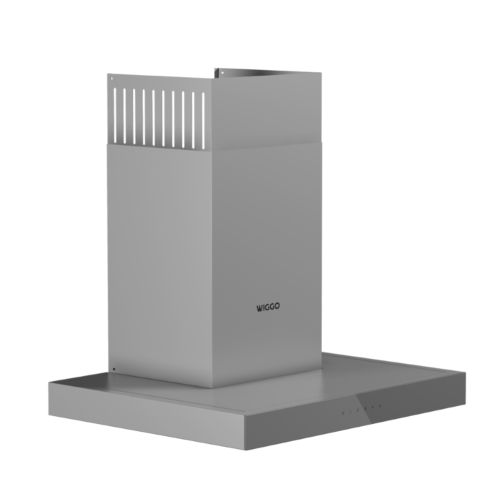Hotte aspirante moderne en acier inoxydable avec cheminée rectangulaire et fentes.