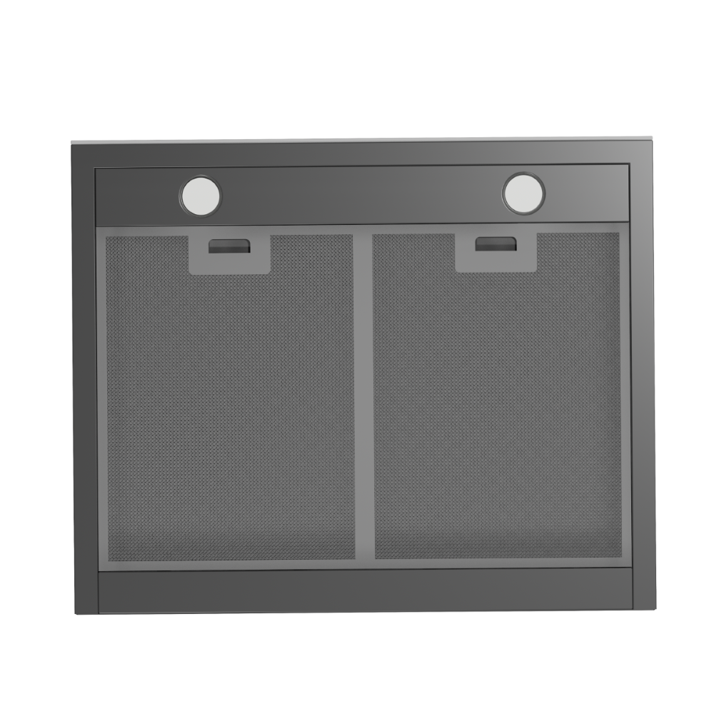Filtre de hotte gris avec deux grilles et des lumières blanches en haut.