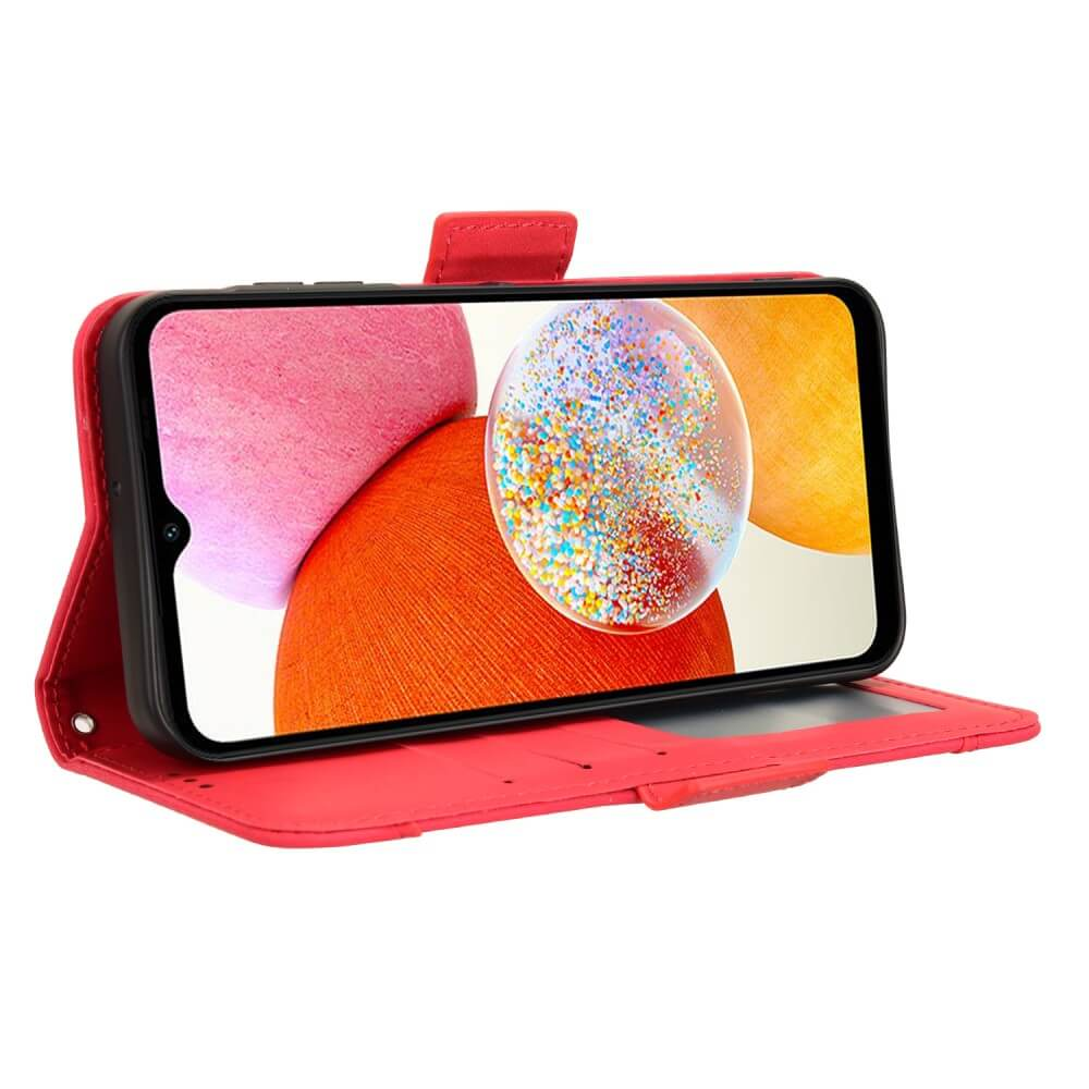 Un étui portefeuille rouge pour téléphone avec un smartphone affichant des bulles colorées.