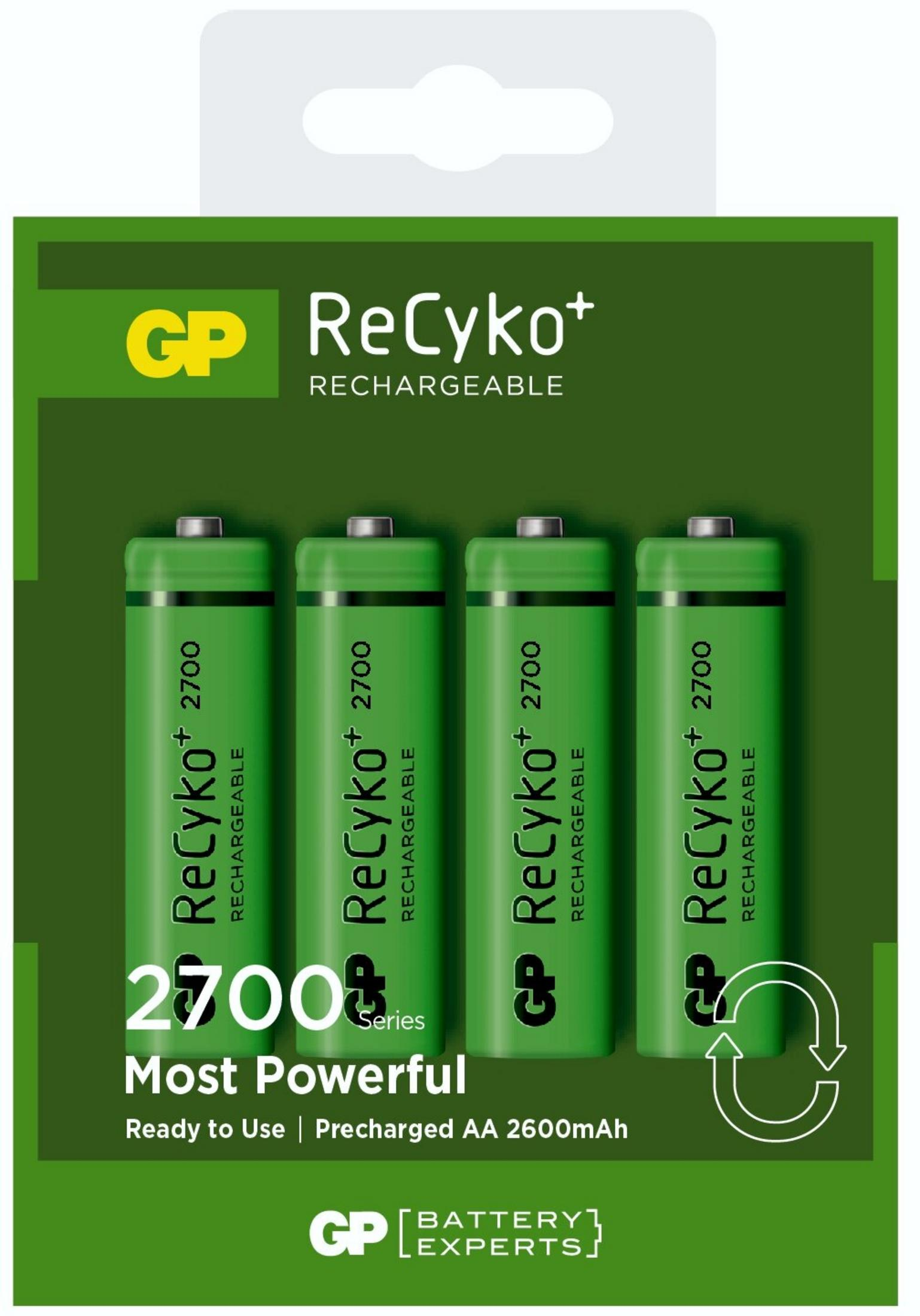 Opakowanie czterech zielonych akumulatorów GP ReCyko+ AA 2700, oznaczonych jako „Most Powerful” z logo recyklingu.