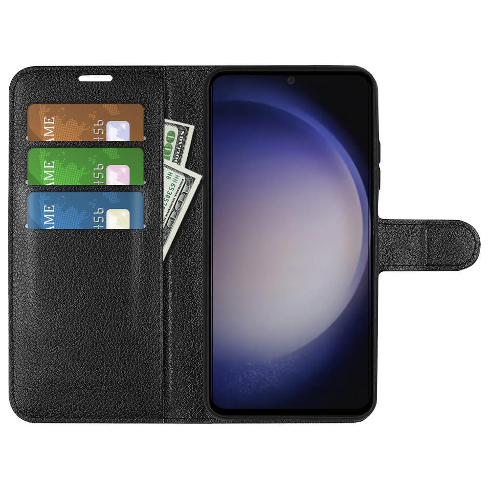 Custodia per telefono nera con slot per carte e banconote, aperta.