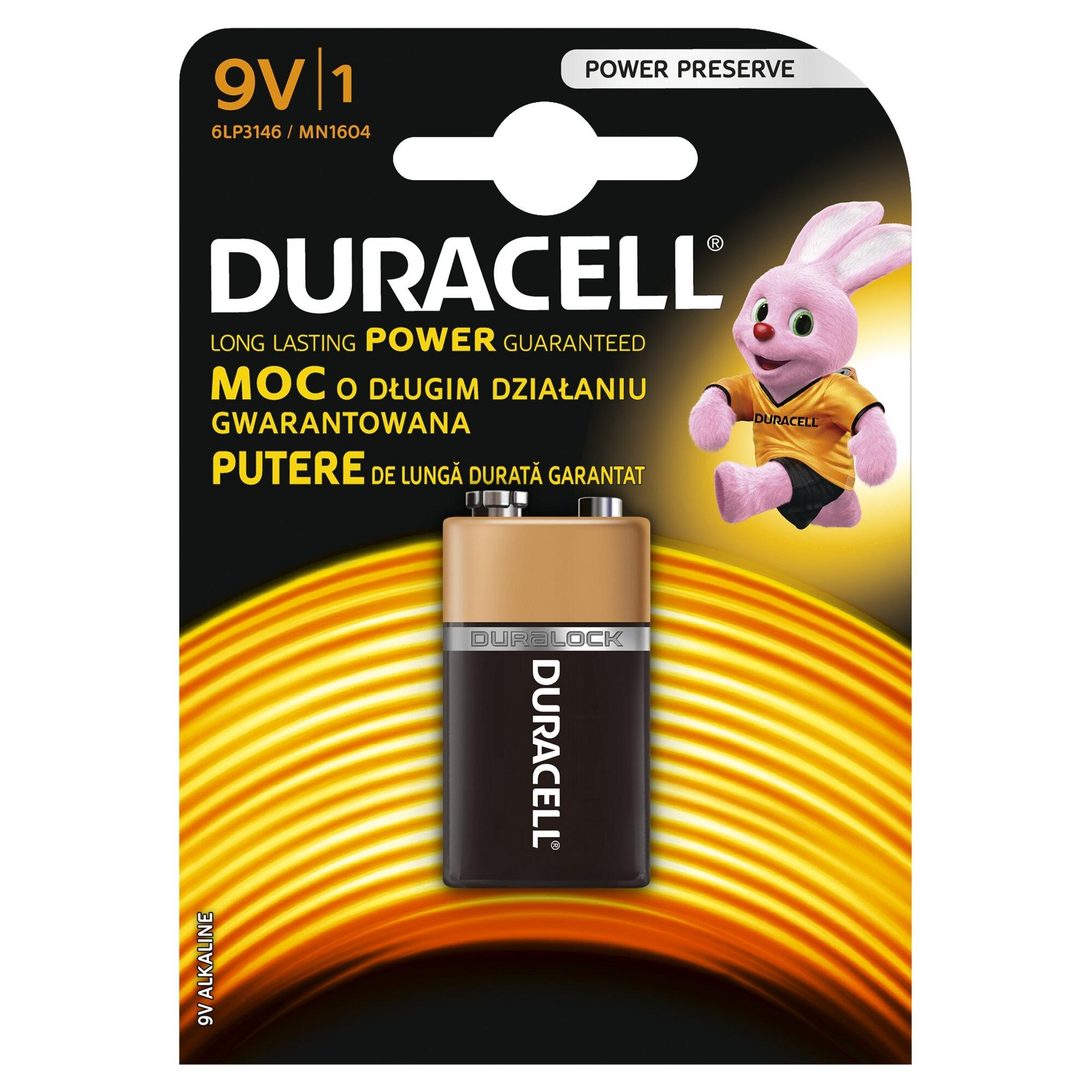 Opakowanie baterii Duracell 9V z różowym zającem-maskotką i Power Preserve.
