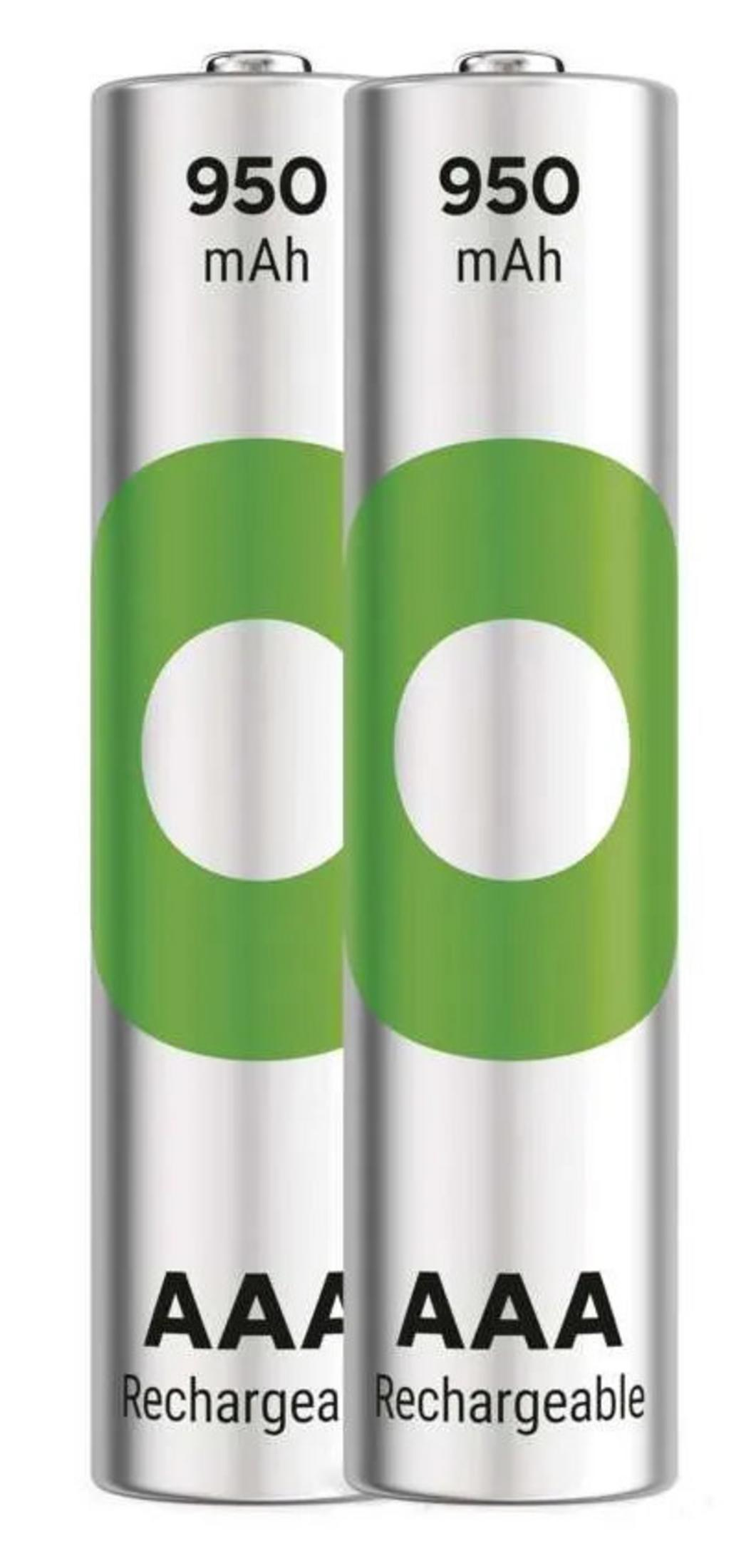 Due batterie AAA da 950 mAh con cerchio verde. Ricaricabili.