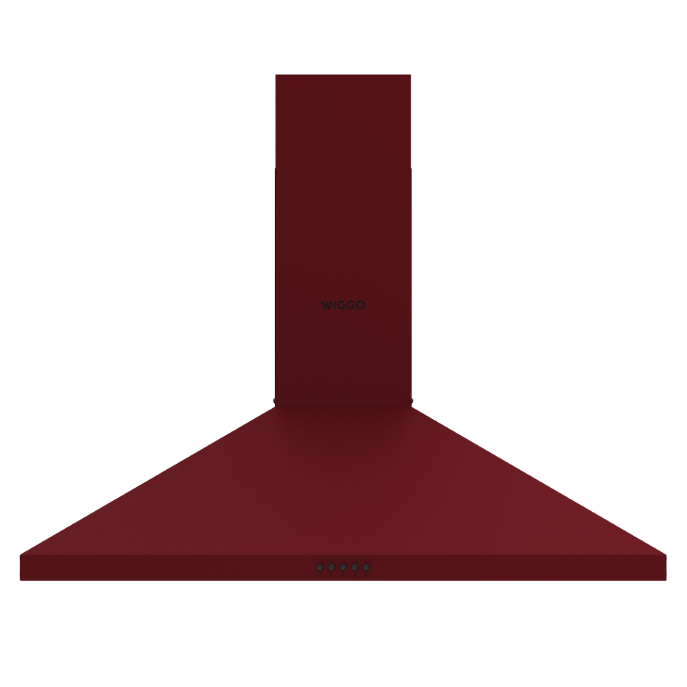Une hotte de cuisine rouge foncé, avec une base large et évasée et un dessus étroit et rectangulaire, dotée de cinq boutons circulaires.