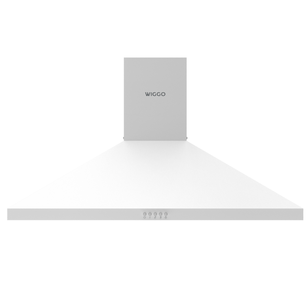 Une hotte de cuisine blanche avec une base trapézoïdale et un sommet rectangulaire, affichant le logo "WIGGO" et des boutons.