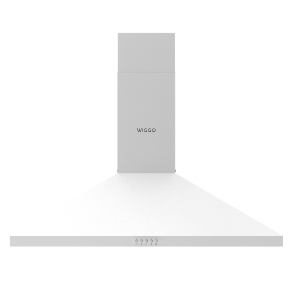 Une hotte de cuisine WIGGO blanche avec une cheminée rectangulaire et une base large et plate dotée de cinq boutons circulaires.