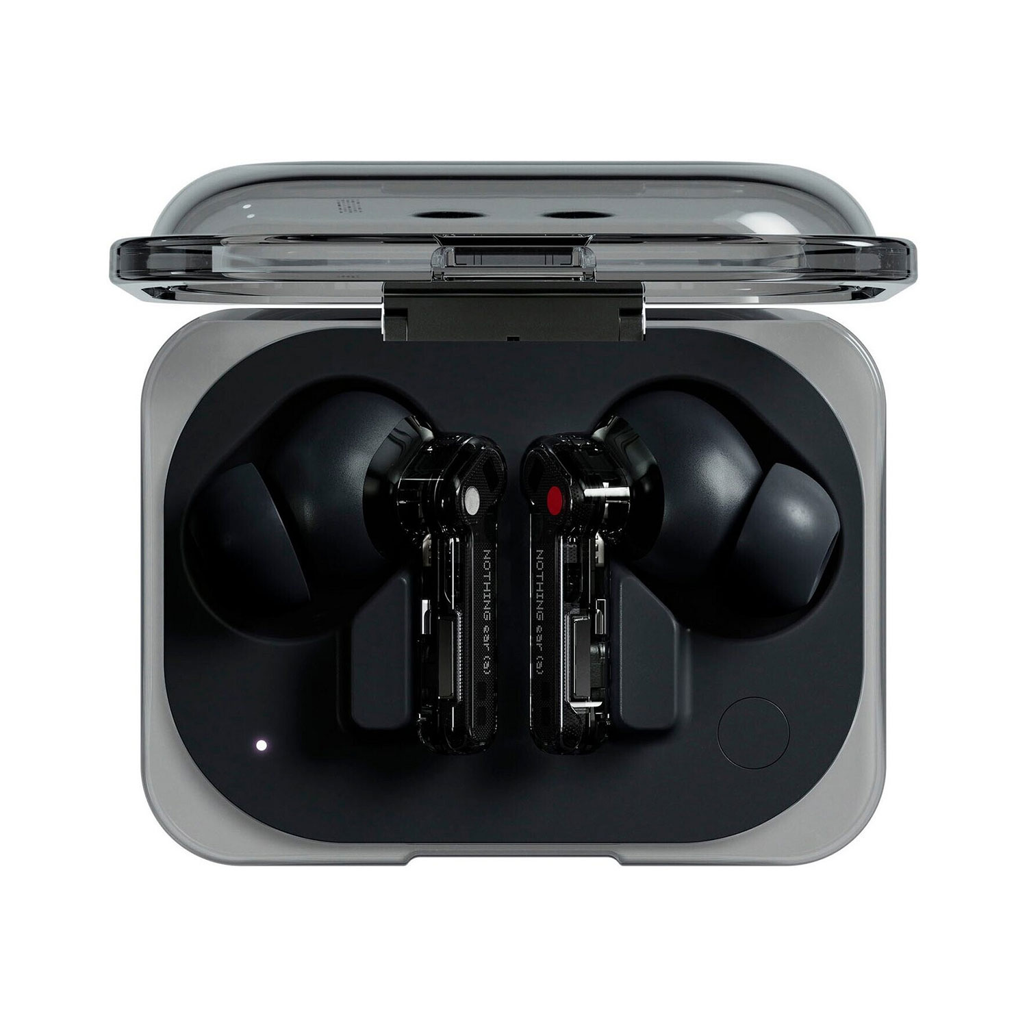 Otwarte przezroczyste etui z dwoma czarnymi bezprzewodowymi słuchawkami dousznymi. Słuchawki mają przezroczyste trzonki, ukazujące wewnętrzne komponenty.