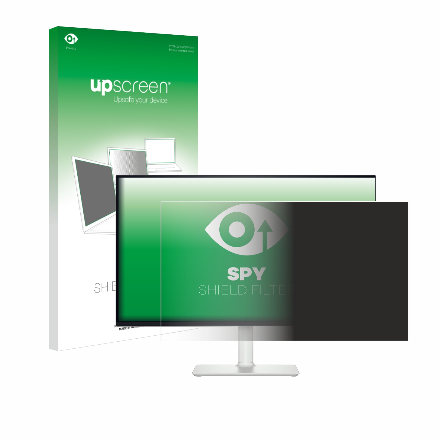Ein weißer Monitor mit teilweise dunklem Blickschutzfilter und einer grünen UpScreen-Verpackung links.