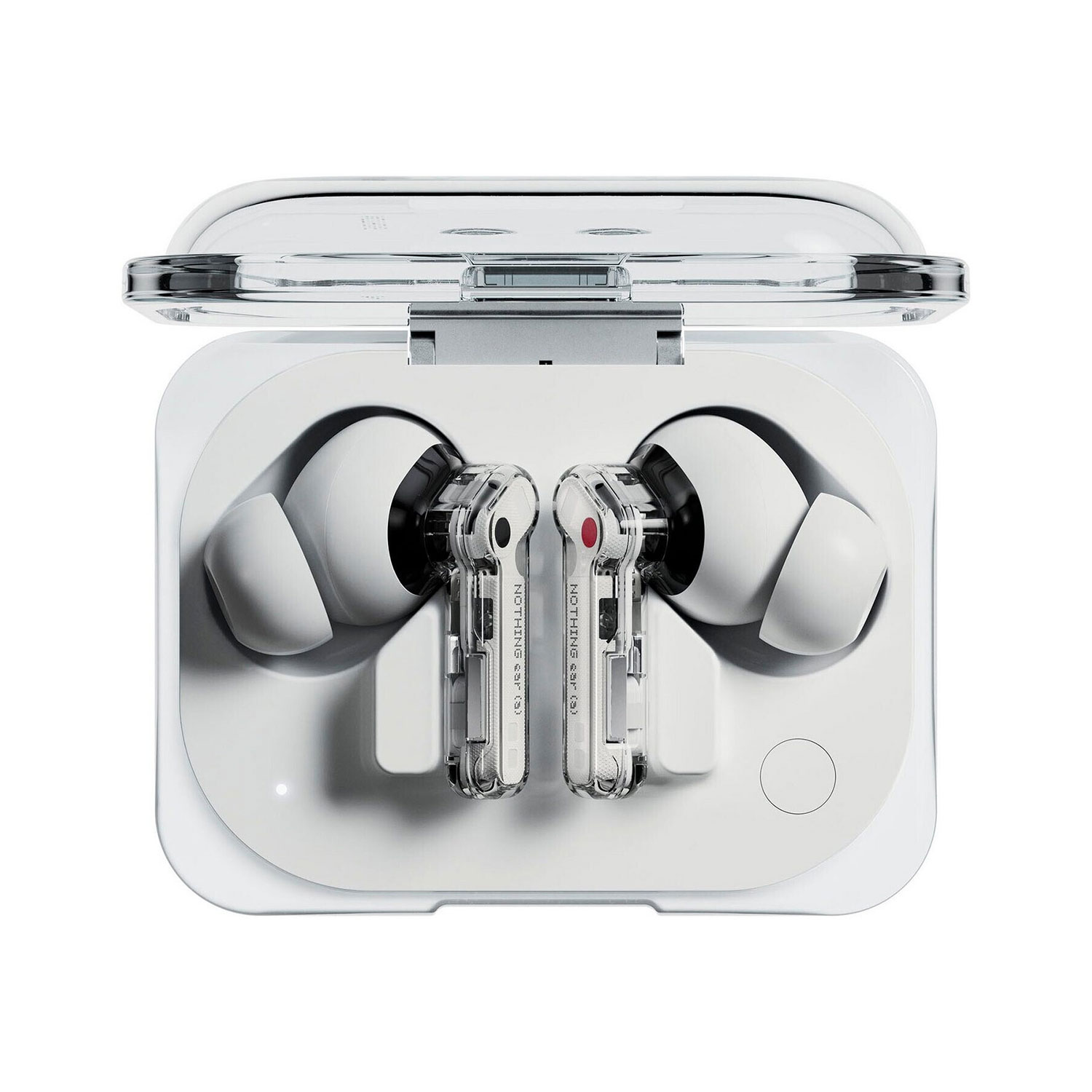 Białe słuchawki w przezroczystej ładowarce, otwarte.