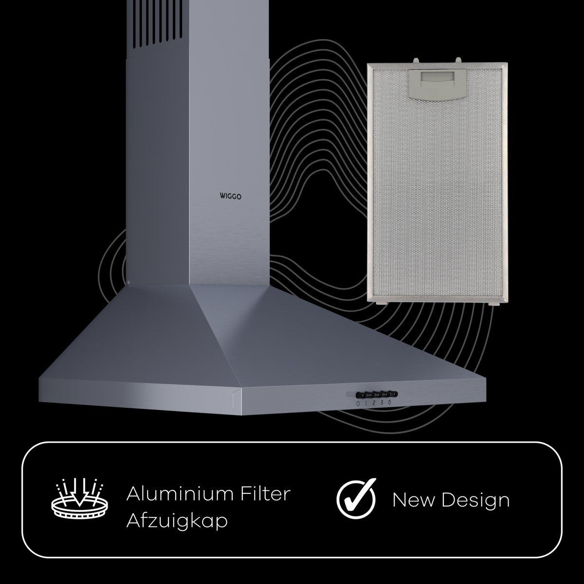 Grijze afzuigkap met filter en bediening. Tekst: Aluminium Filter, Afzuigkap, Nieuw Design.