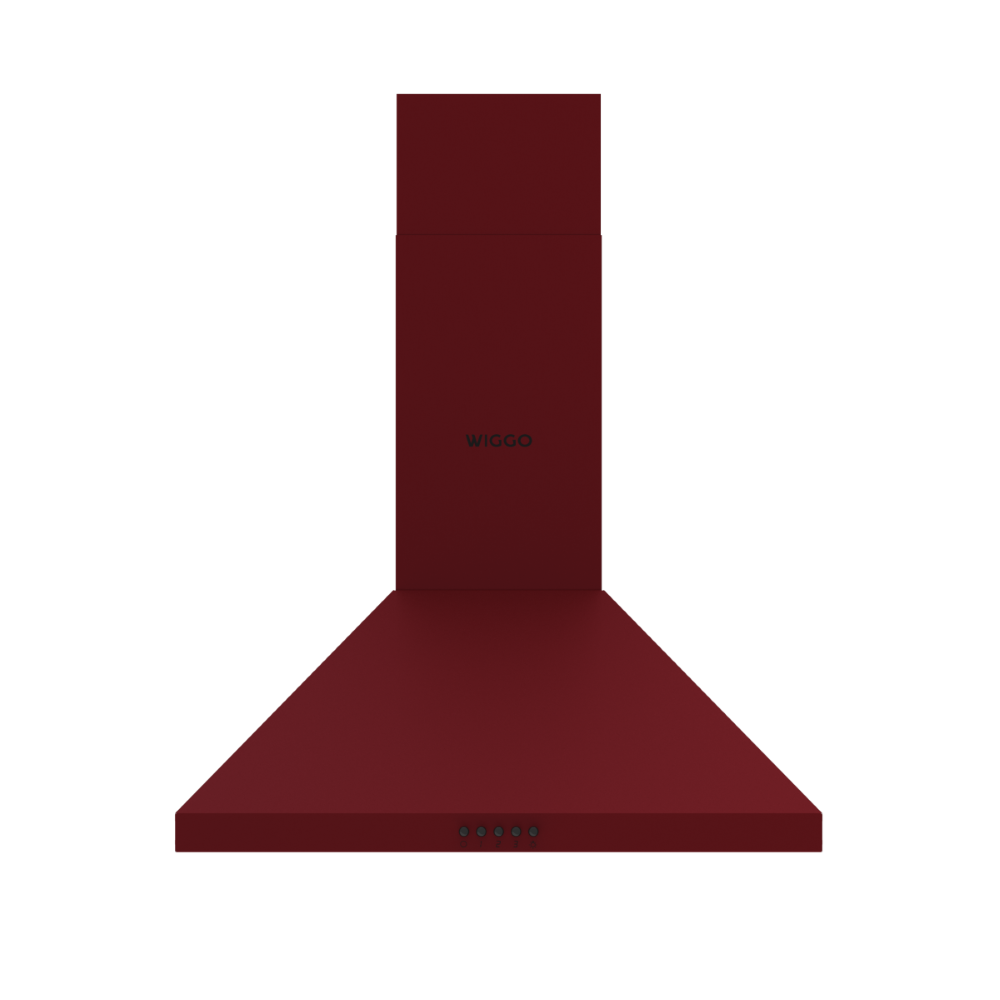 A burgundy range hood with a rectangular chimney and control buttons.