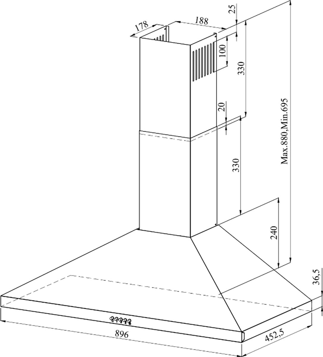 Dessin technique d'une hotte aspirante avec dimensions.