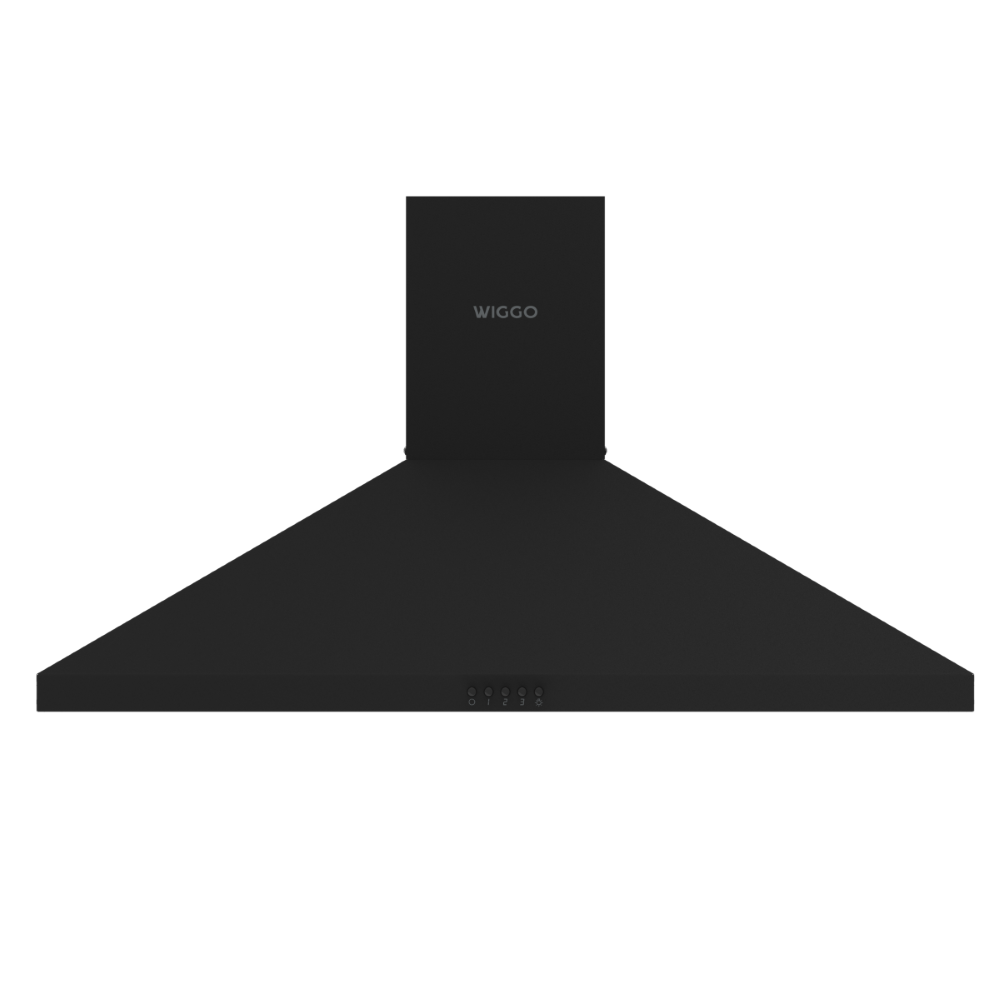Hotte noire avec commandes argentées et logo.