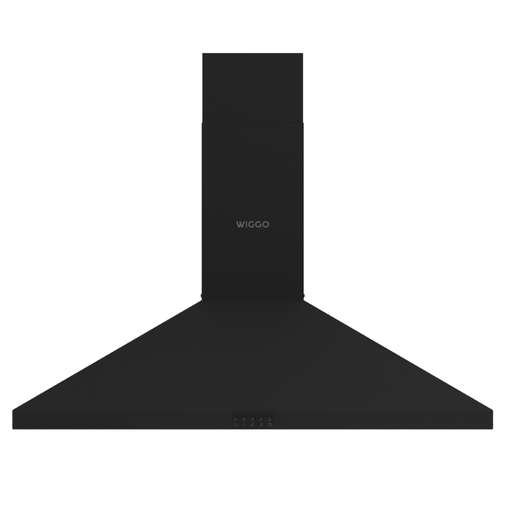 Hotte aspirante noire au design incliné et boutons de commande argentés.