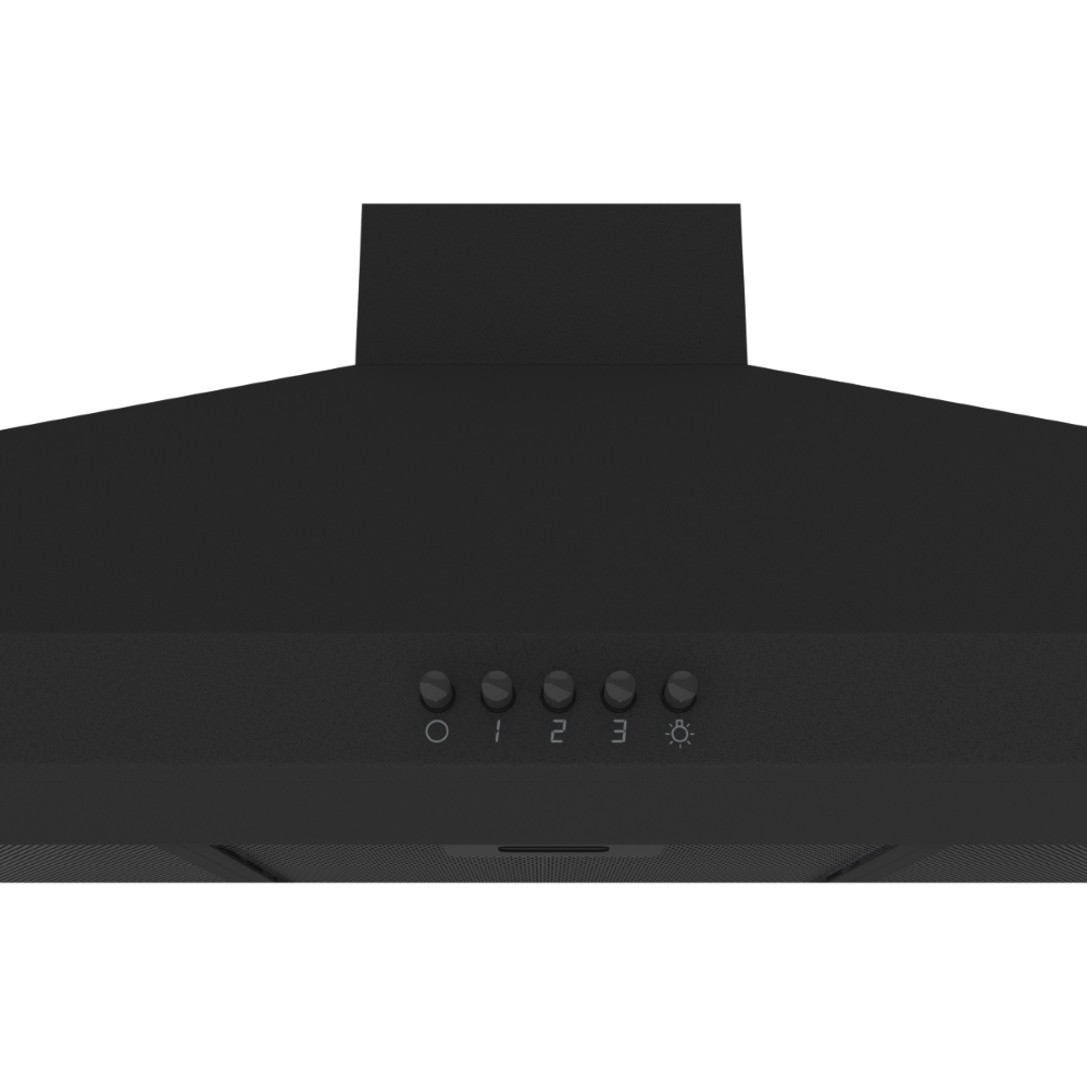 Hotte aspirante noire avec commandes pour la vitesse du ventilateur et la lumière.