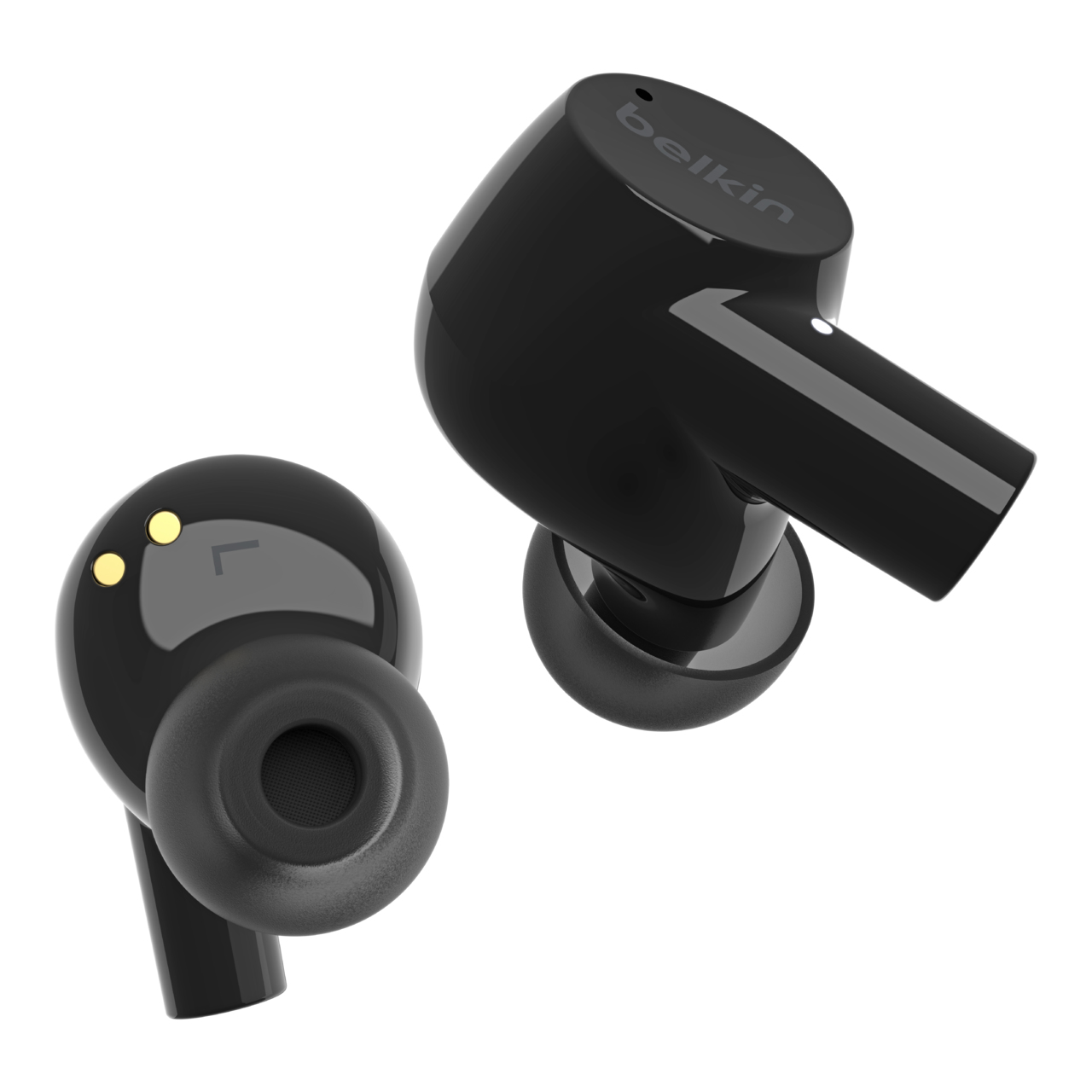 Due auricolari Belkin neri lucidi con punte in silicone su sfondo bianco.