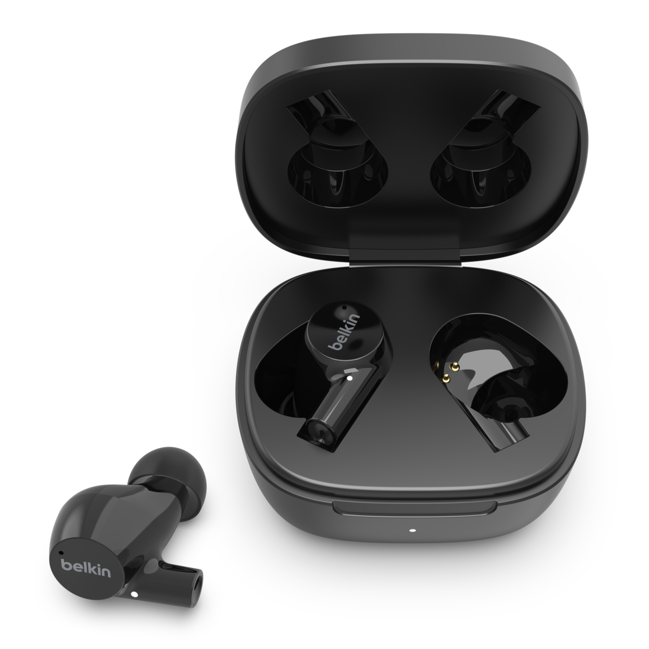Auricolari wireless neri con custodia di ricarica. Un auricolare è accanto.