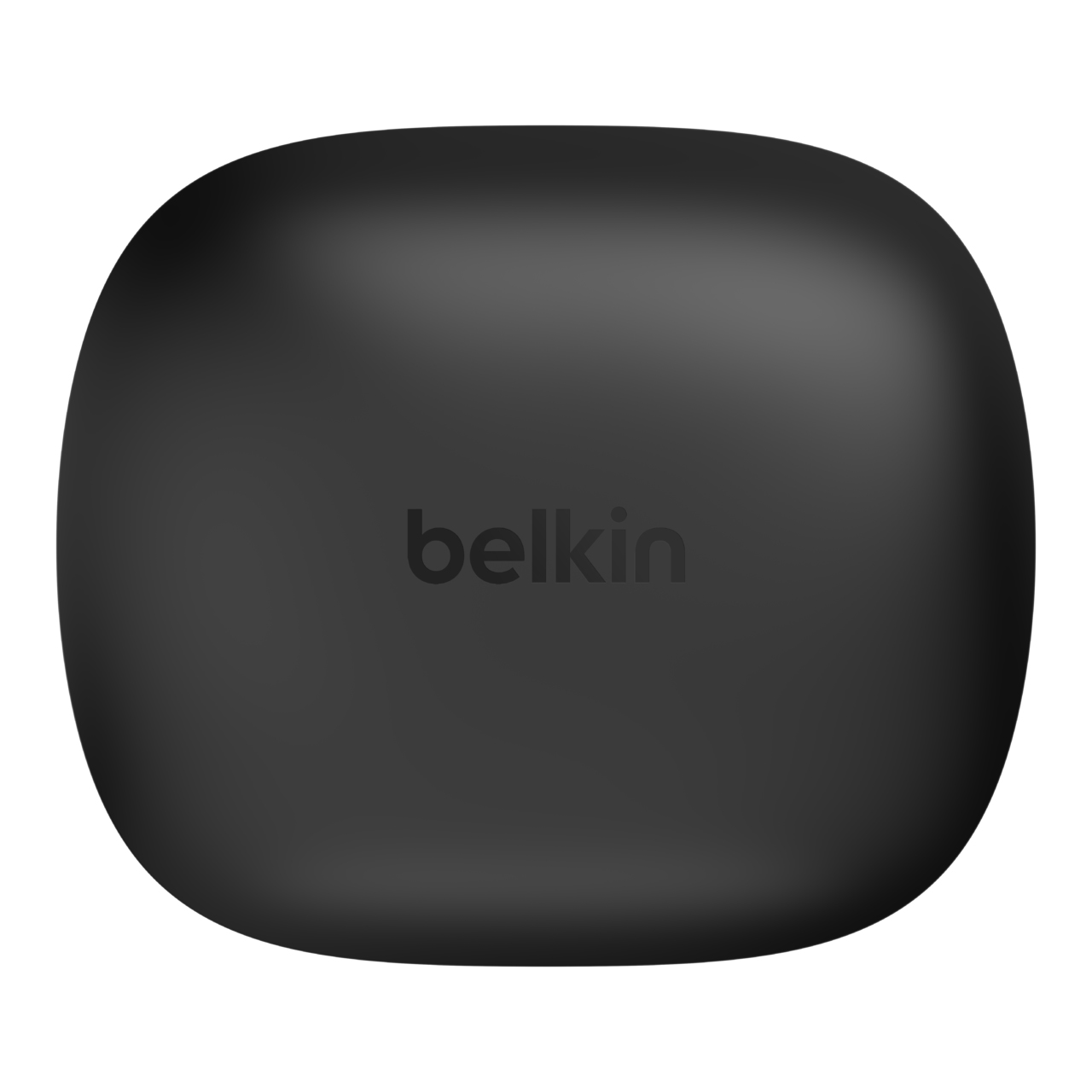 Custodia di ricarica Belkin nera e arrotondata su sfondo bianco.