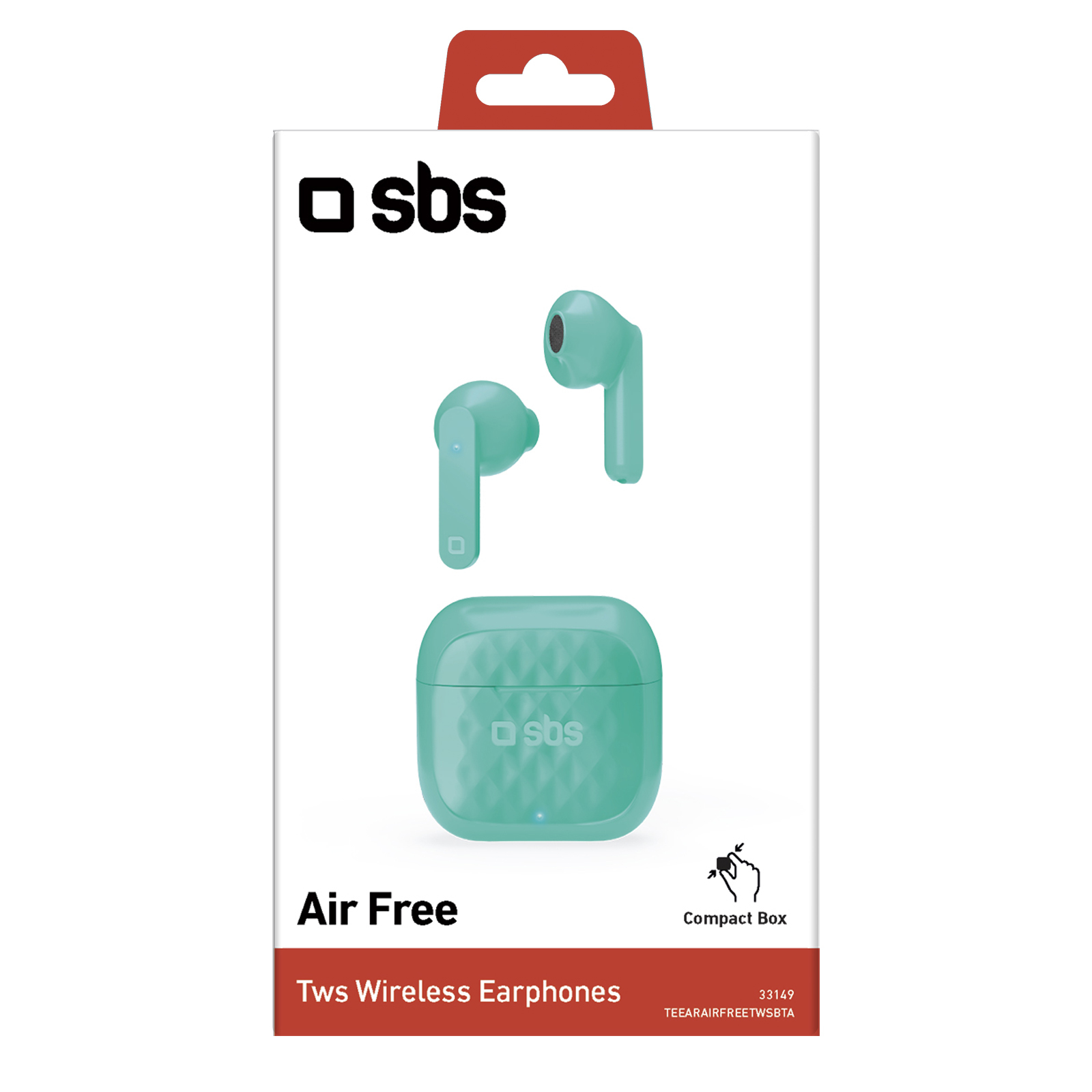 Turkusowe słuchawki bezprzewodowe SBS Air Free TWS i etui ładujące na białym pudełku.