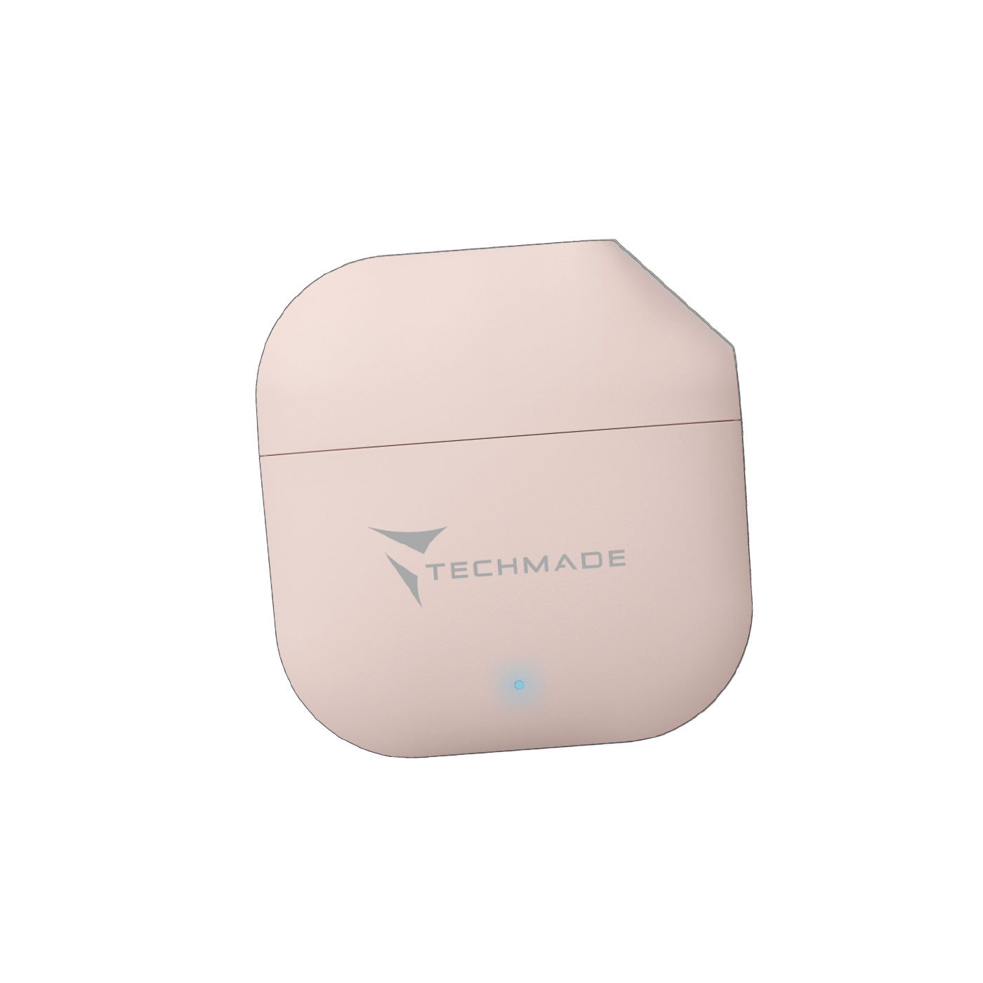 Una custodia di ricarica rosa con il logo Techmade e un LED blu.