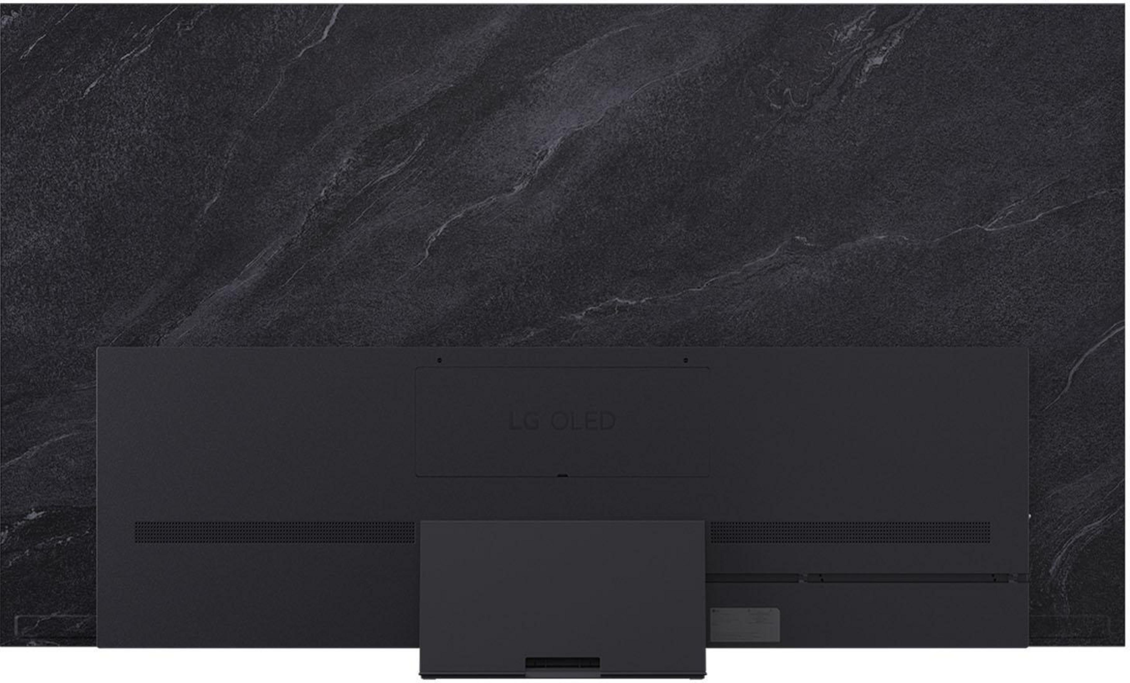 Rückseite eines schwarzen LG OLED Fernsehers mit Marmor-Hintergrund.