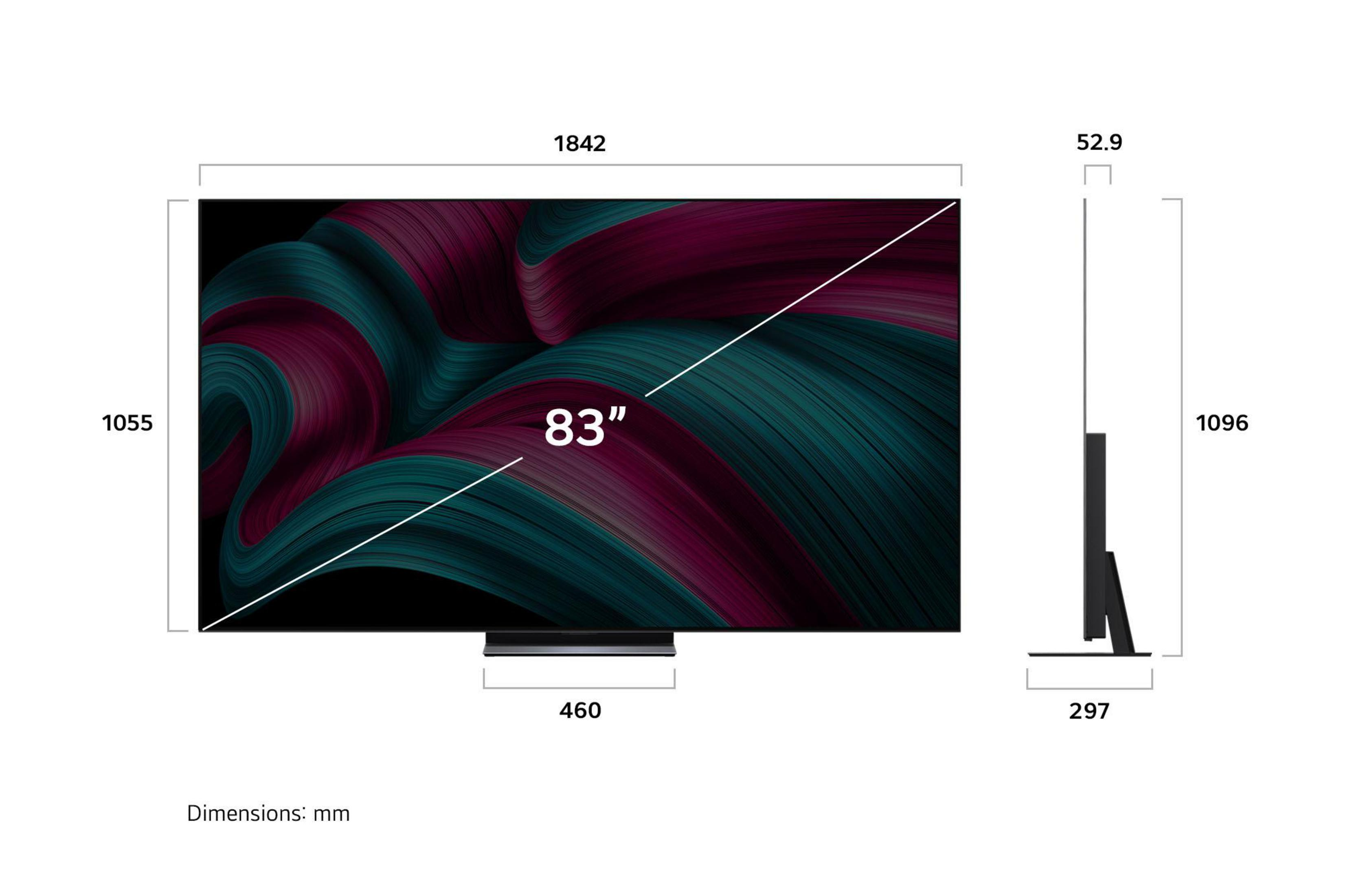 83-Zoll-Fernseher mit Abmessungen 1842x1055x52.9mm und Standfußbreite 460mm.