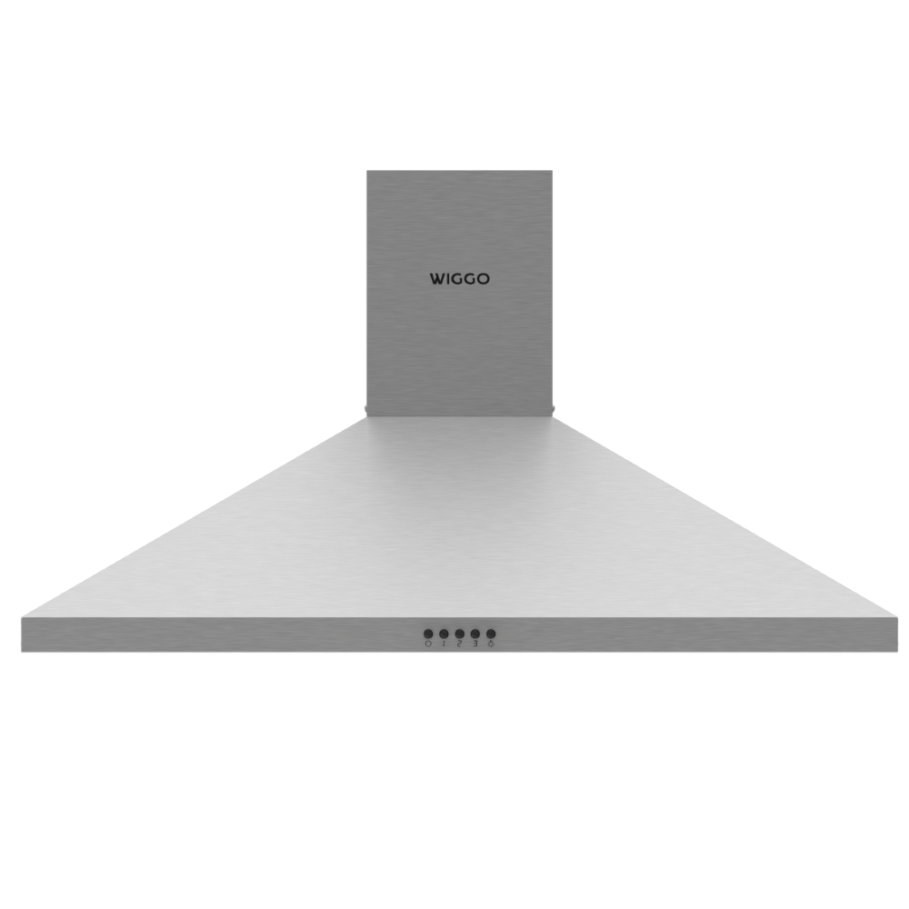 Une hotte de cuisine en acier inoxydable de marque Wiggo avec une base pyramidale et une cheminée rectangulaire, dotée de quatre boutons de commande.