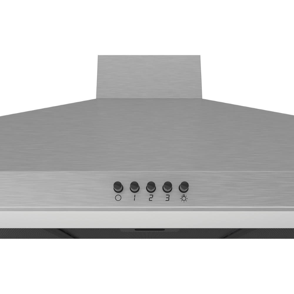 Un gros plan d'une hotte de cuisine en acier inoxydable avec cinq boutons noirs et des symboles correspondants pour l'alimentation, la vitesse et la lumière.