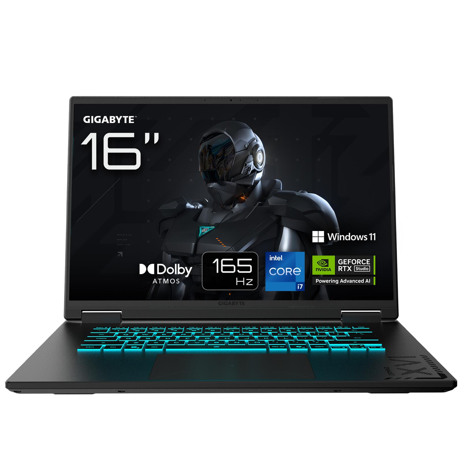 Gigabyte 16-Zoll-Laptop mit leuchtend teal Tastatur und Sci-Fi-Display.