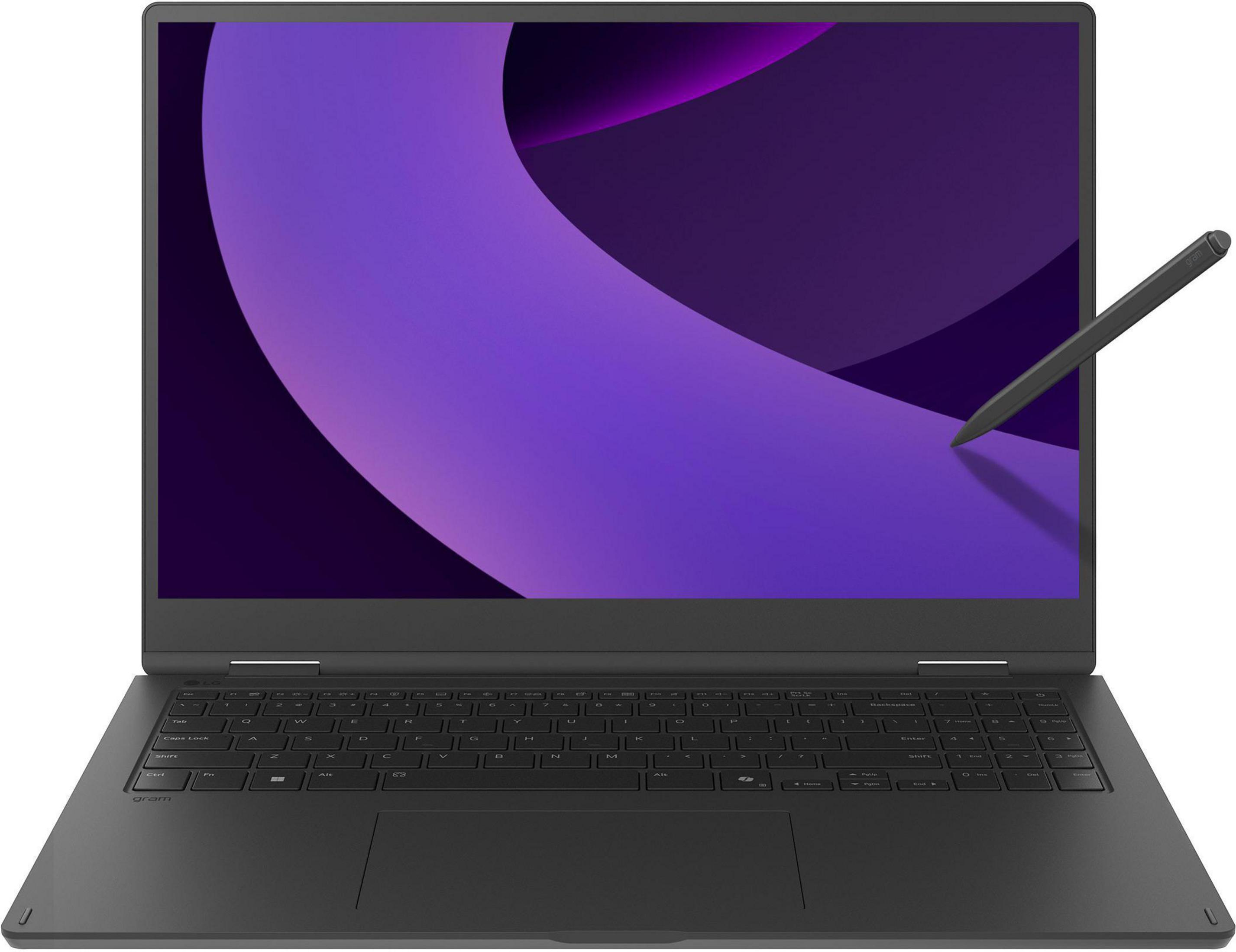 Ein dunkler Laptop mit einem Stift, der auf den violetten Bildschirm zeigt.