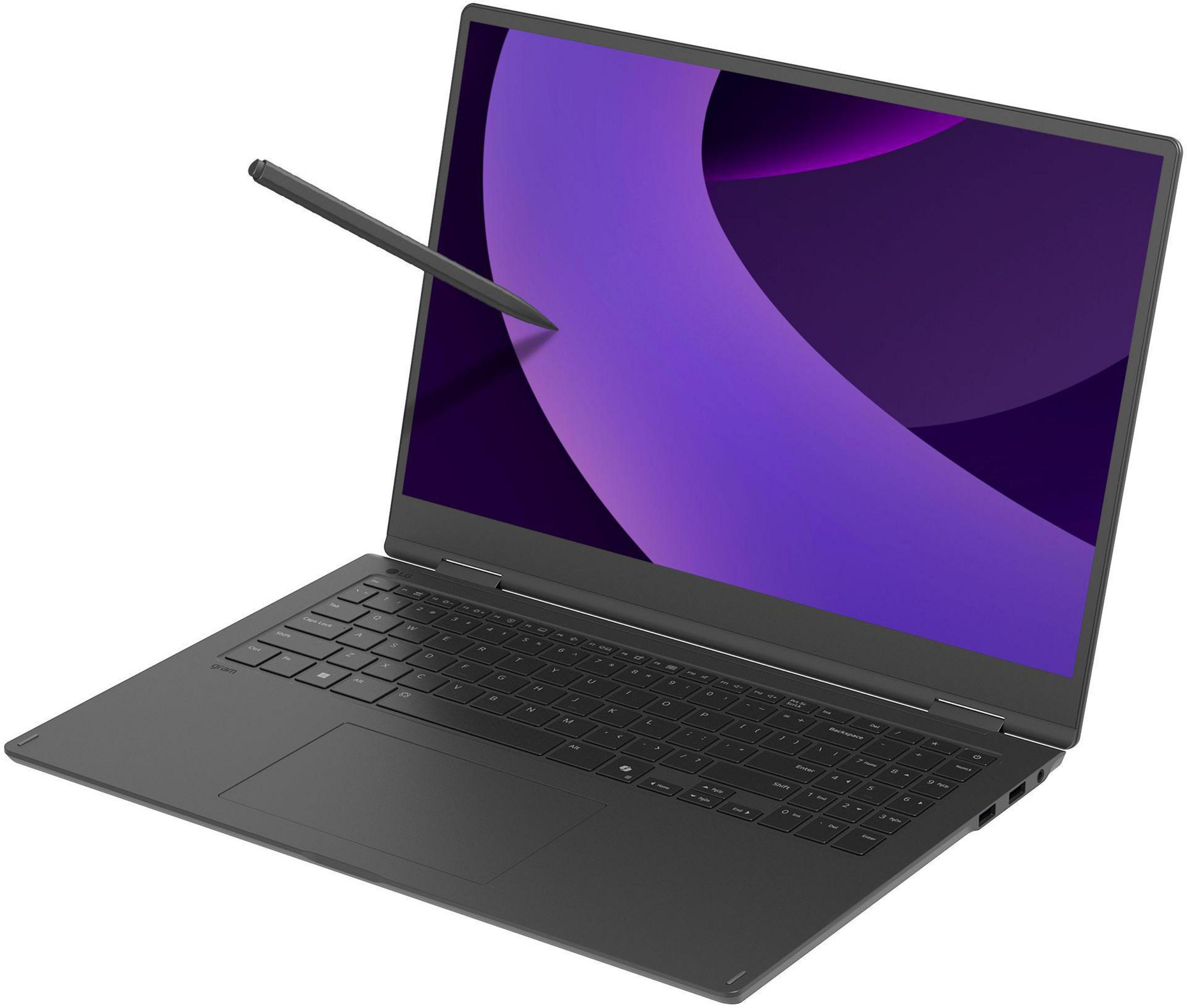 Ein schwarzer Laptop mit einem dunklen Stift, der auf den violetten Bildschirm zeigt.