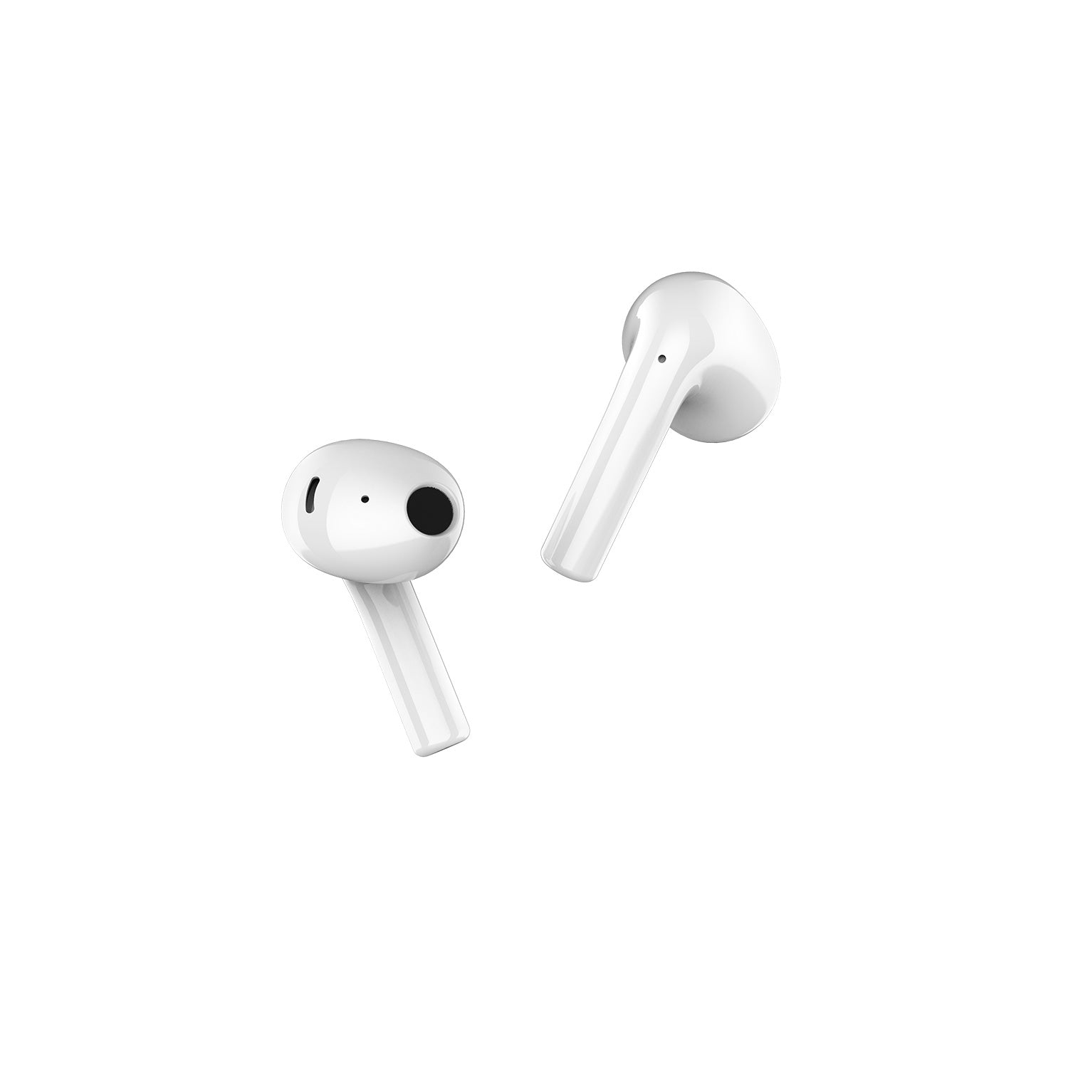 Due auricolari wireless bianchi sono mostrati uno accanto all'altro.