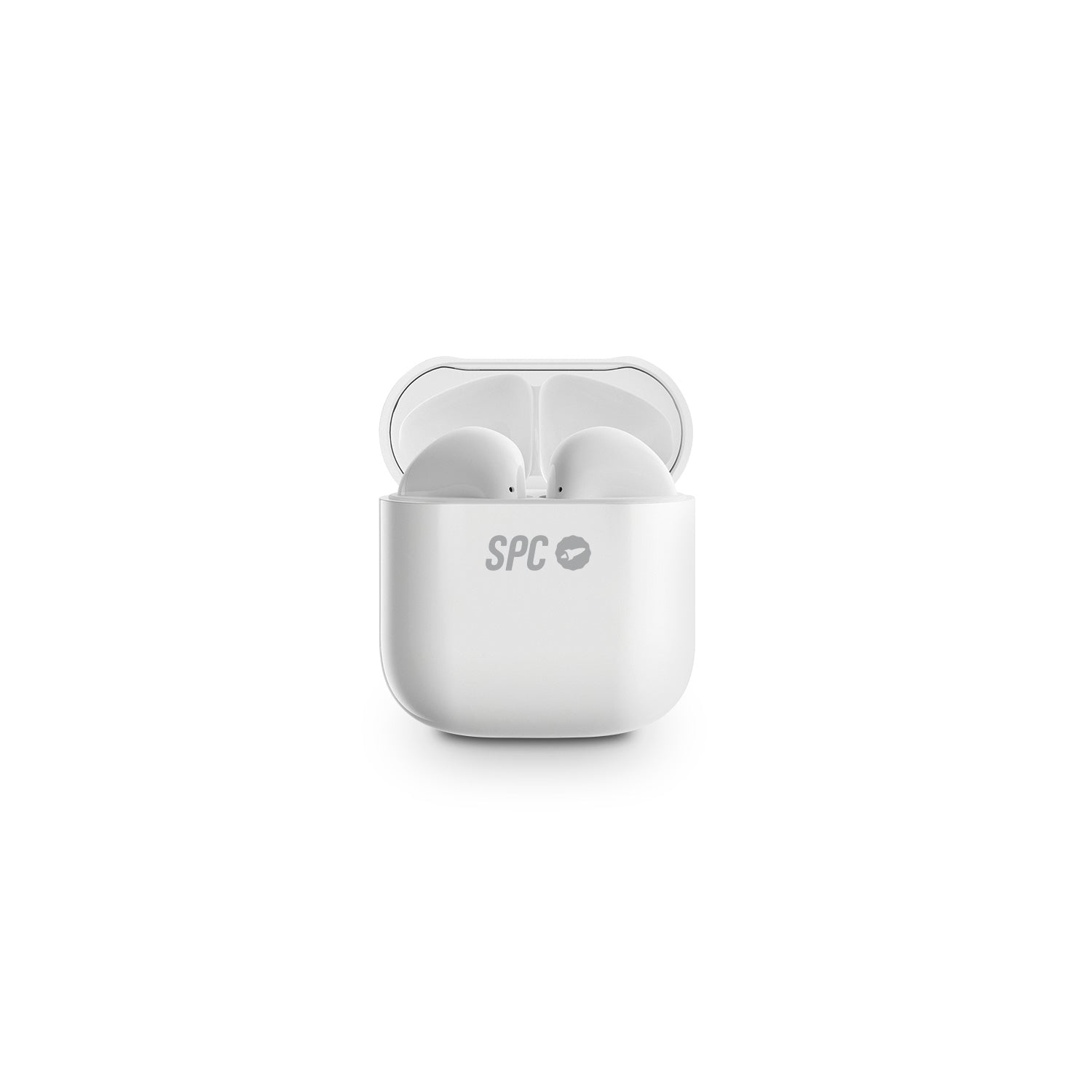 Auricolari wireless bianchi in una custodia di ricarica aperta con logo SPC.